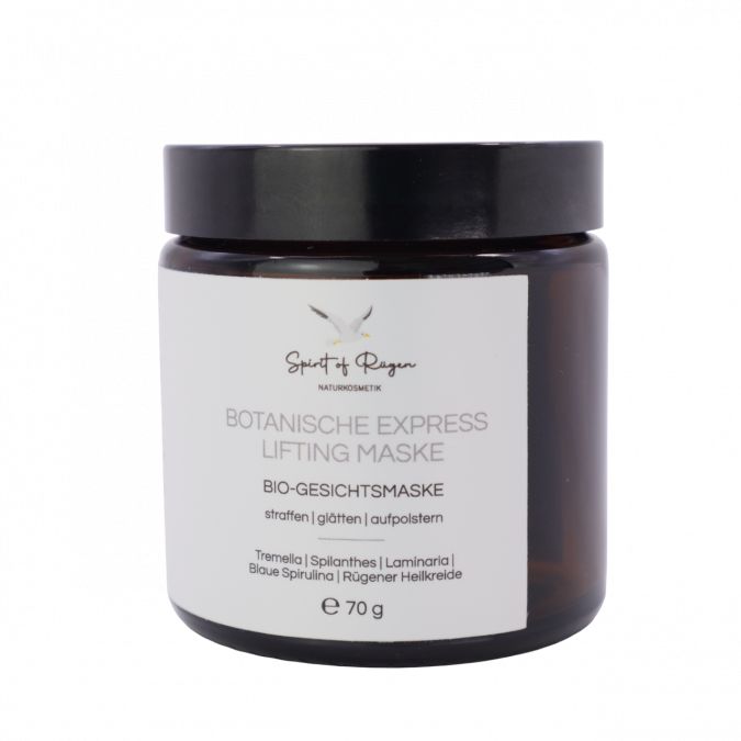 Braune Glasdose mit schwarzem Deckel. Etikett mit Produktnamen und Inhaltsstoffen. Aufschrift: Botanische Express-Lifting Maske, 70 g.