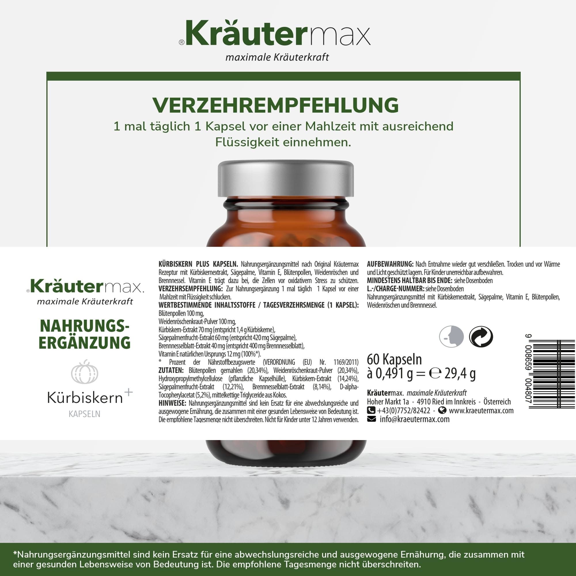Rückseite einer braunen Glasflasche mit Kapseln. Aufschrift: Kräutermax, Nahrungsergänzung, Kürbiskern Kapseln. Enthält 60 Kapseln.