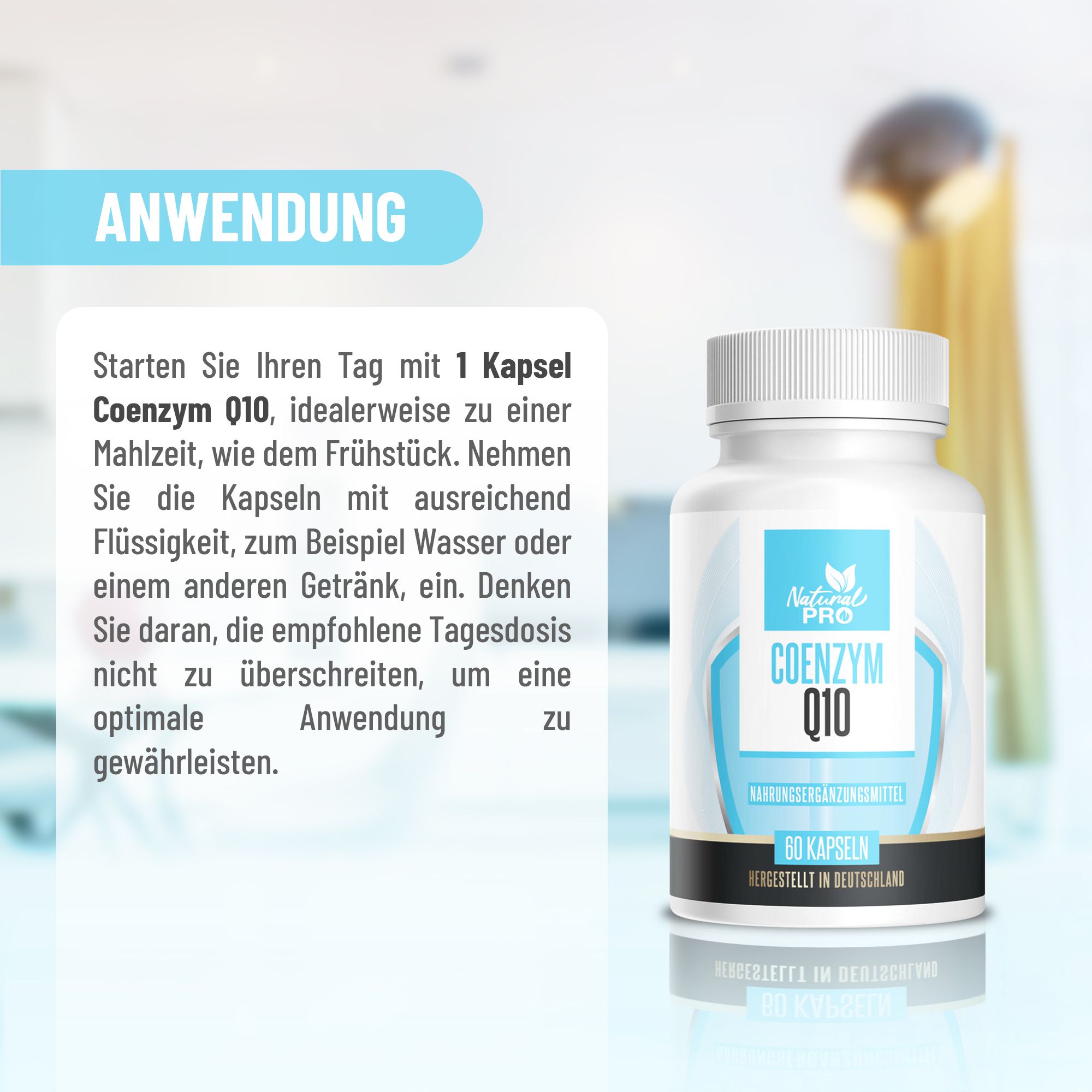 Flasche mit blauem Etikett. Text: Anwendung. Textliche Beschreibung der Einnahme von 1 Kapsel.