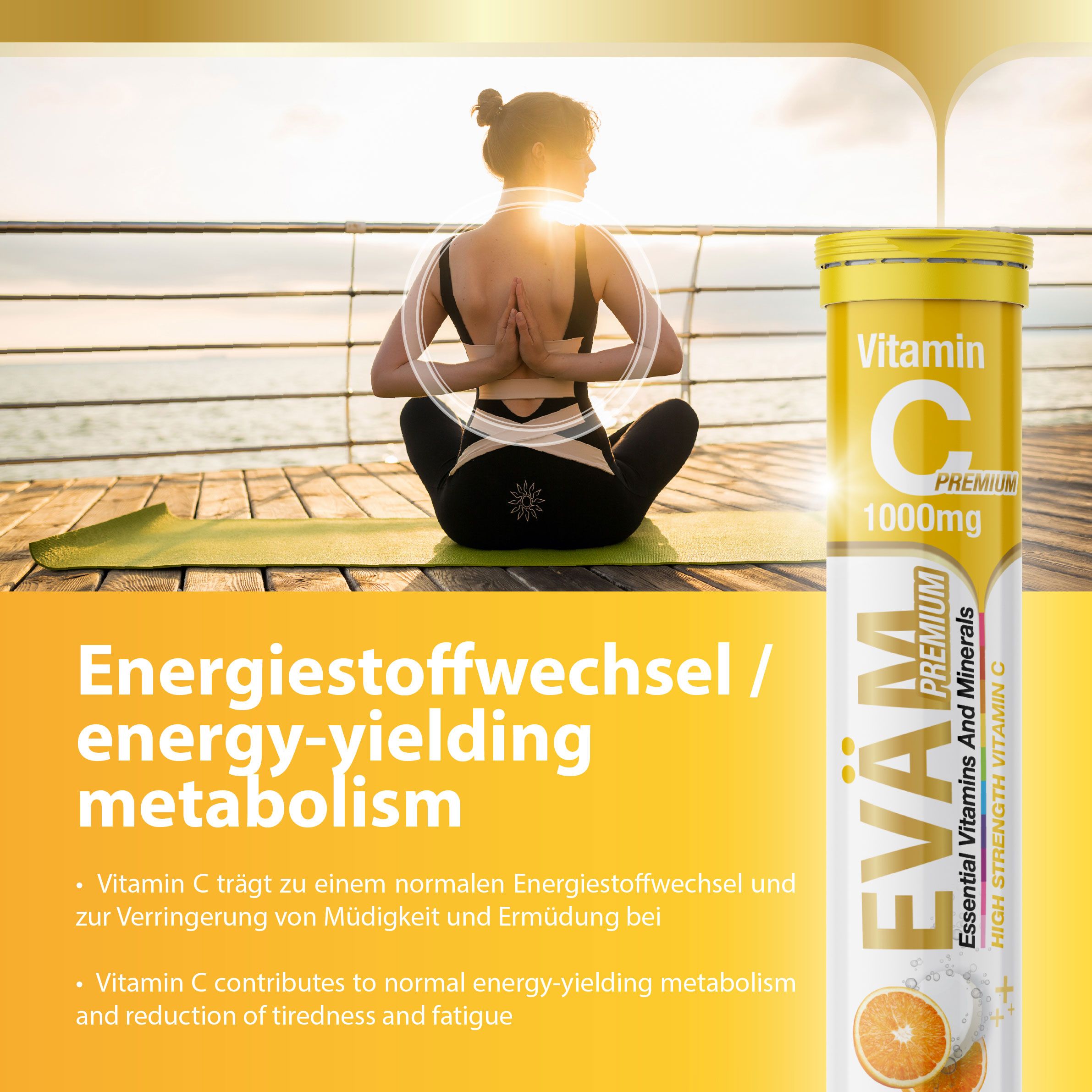 Eine Frau in Yoga-Pose neben einer Tube EVÄM Vitamin C 1000mg. Gelber Deckel, weiße Röhre mit Produktinformationen. Hintergrund: Sonnenuntergang.