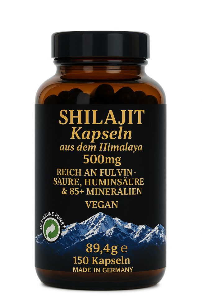 Braune Flasche mit Shilajit Kapseln. Label mit Text und Zertifizierungen. Hintergrund: weiß.