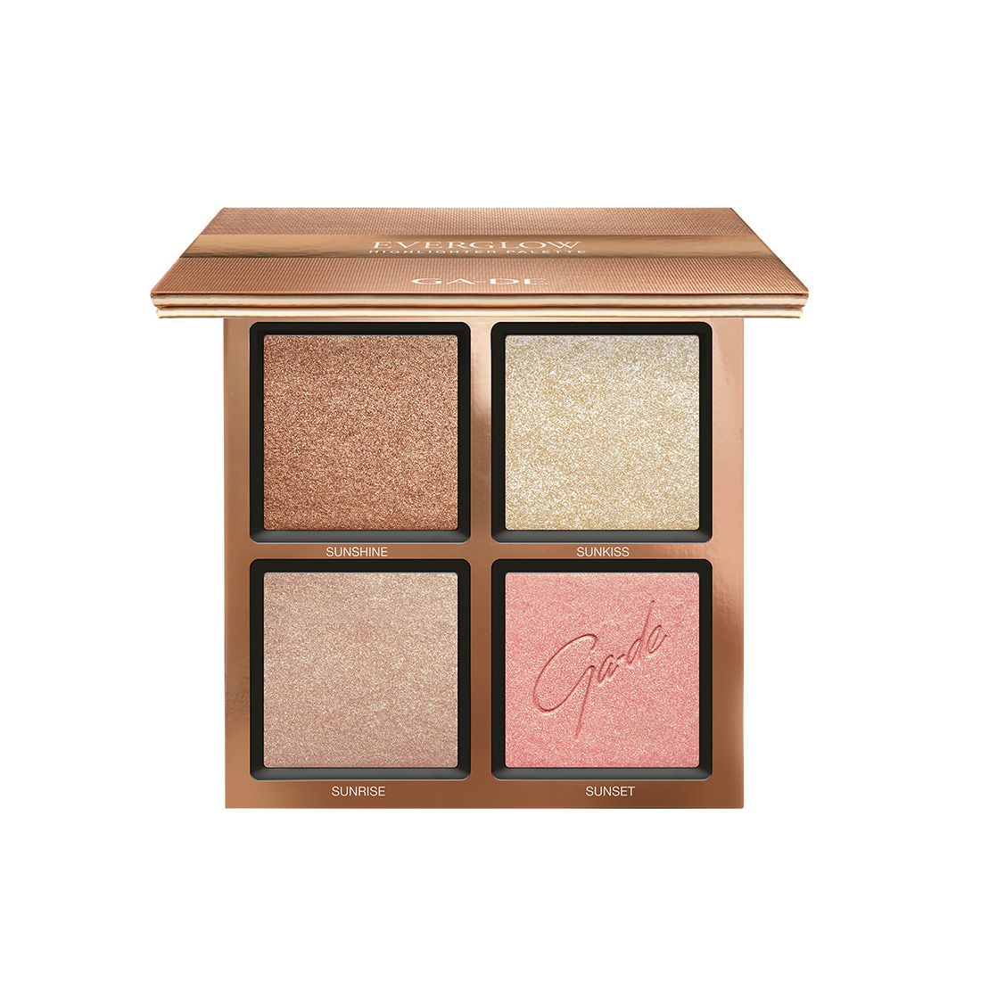 Ga-De Everglow Illuminating Palette. Vier Highlighter-Farben in quadratischen Pfannen. Goldfarbenes Gehäuse mit Markenlogo.