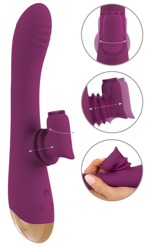 Lila Vibrator mit beweglichem Stimulator. Goldfarbene Basis. Detailansichten zeigen die beweglichen Teile und die Handhabung.