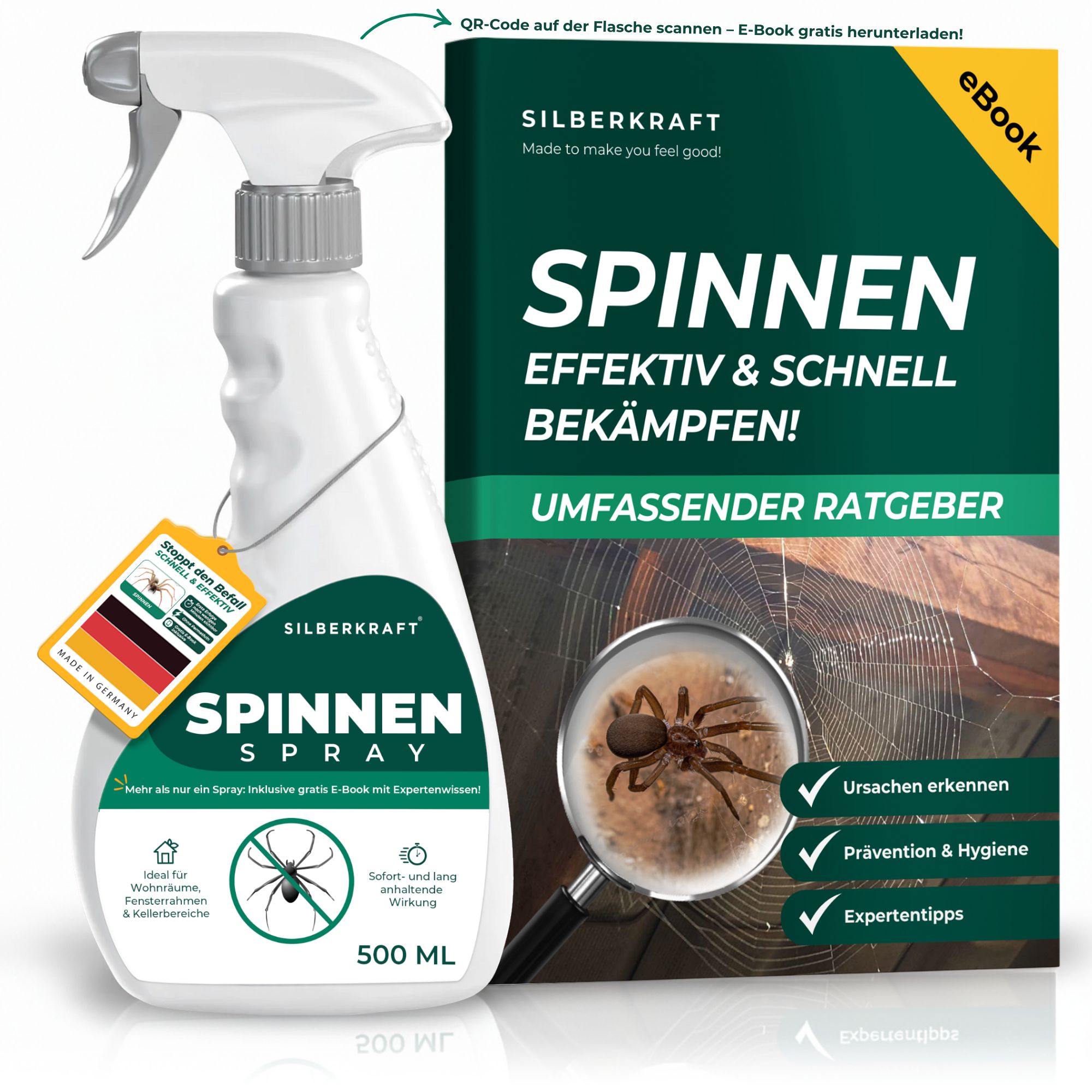 Weißes Spray mit Sprühkopf, 500 ml, daneben E-Book. Text: SILBERKRAFT Spinnenspray. E-Book: Spinnen effektiv & schnell bekämpfen!