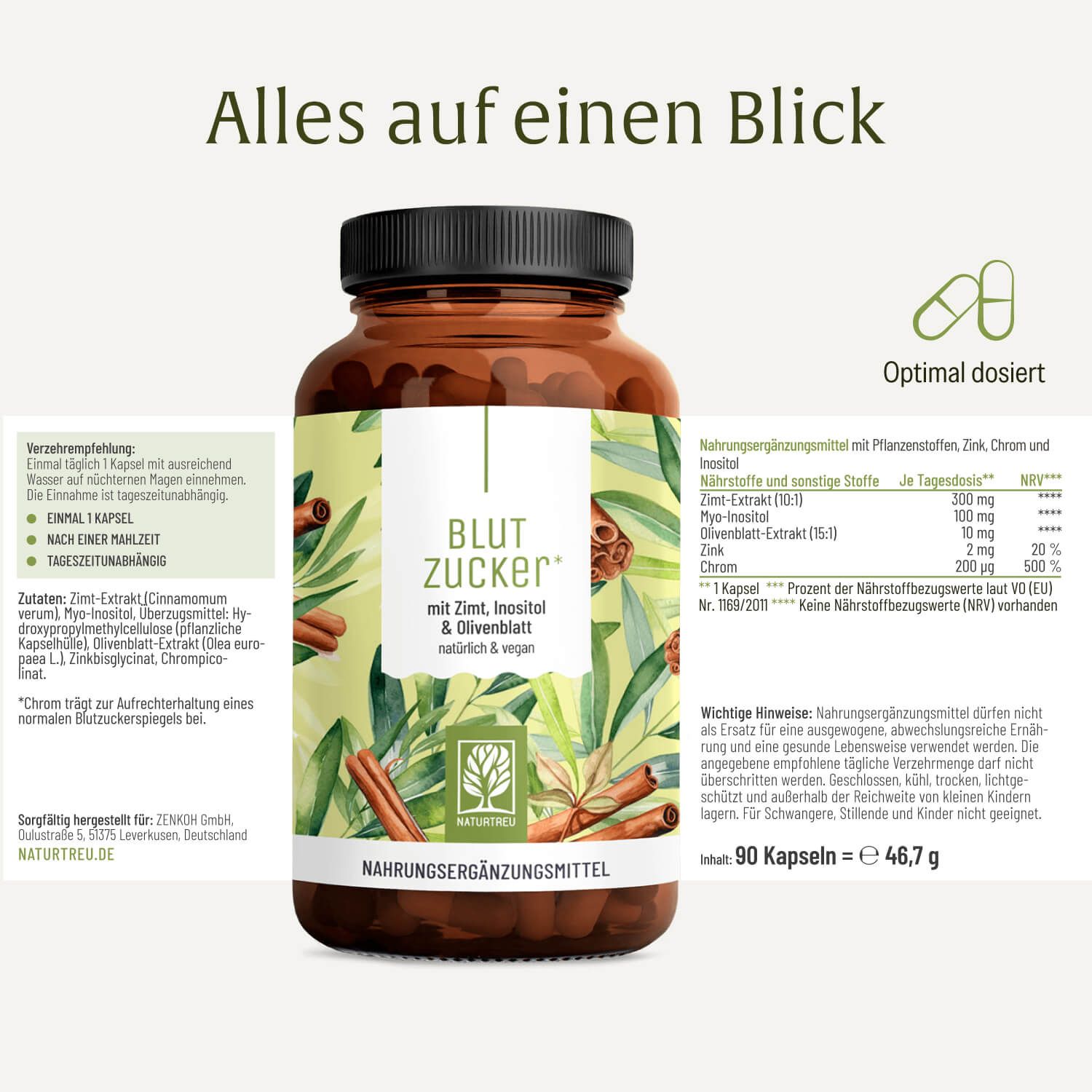 Flasche Blutzucker Komplex mit detaillierten Informationen zu Inhaltsstoffen und Dosierung.
