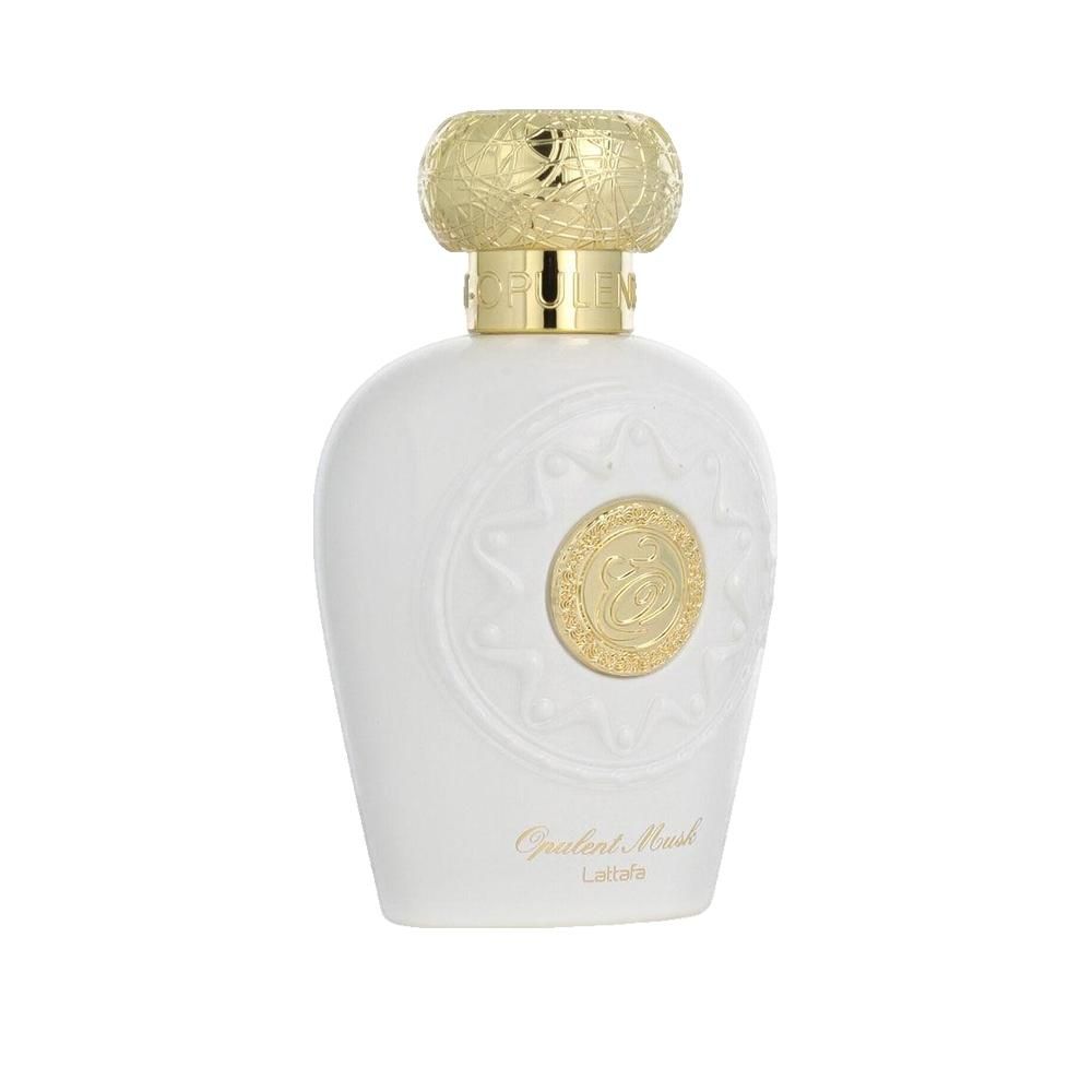 Weiße Parfumflasche mit goldenem Deckel. Aufschrift: Opulent Musk, Lattafa. Geprägtes Design.