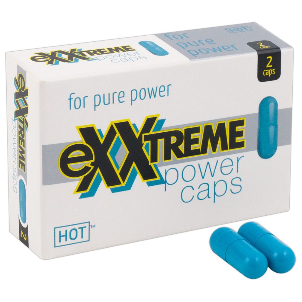 Weiße Schachtel mit blauen Kapseln. Aufschrift: eXXtreme power caps, HOT, für pure power. Zwei Kapseln und zwei lose Kapseln.