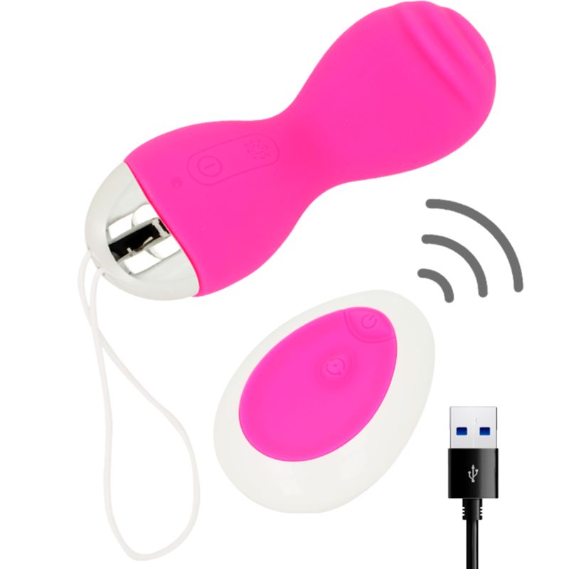 Rosa Vibrations-Ei mit Fernbedienung und USB-Kabel. Das Ei hat eine glatte Oberfläche und eine silberne Basis. Die Fernbedienung ist weiß.