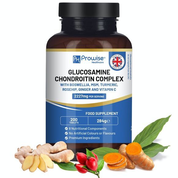 Braune Flasche mit Etikett. Enthält Glucosamin-Chondroitin-Komplex. Mit Boswellia, MSM, Kurkuma, Hagebutte, Ingwer und Vitamin C. 200 Tabletten.