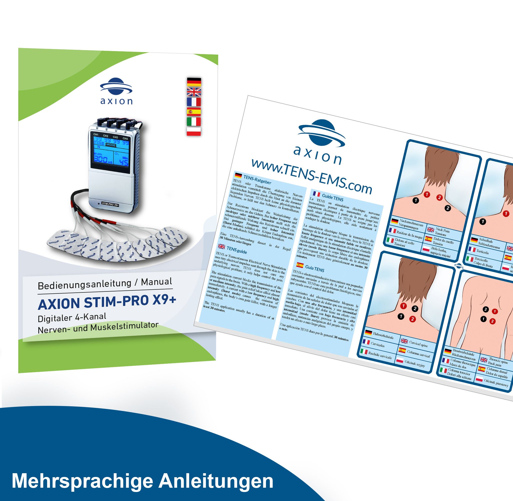 axion 4 Kanal TENS EMS Kombigerät STIM-PRO X9+ mit Spray und Zubehör