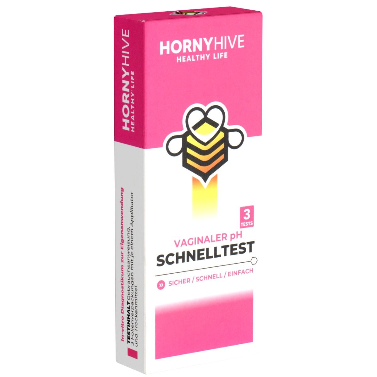 Rosa Verpackung mit Produktnamen und Logo. Aufschrift: VAGINALER pH SCHNELLTEST. Enthält 3 Tests. Sicher, schnell, einfach.