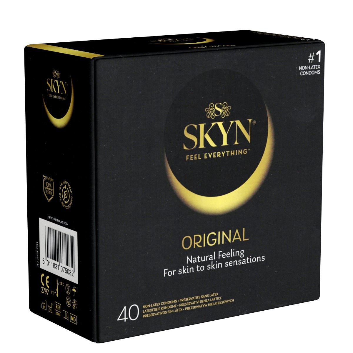Schwarze Verpackung SKYN Original. Enthält 40 Kondome. Logo und Aufschrift "Original". #1 Nicht-Latex Kondome.
