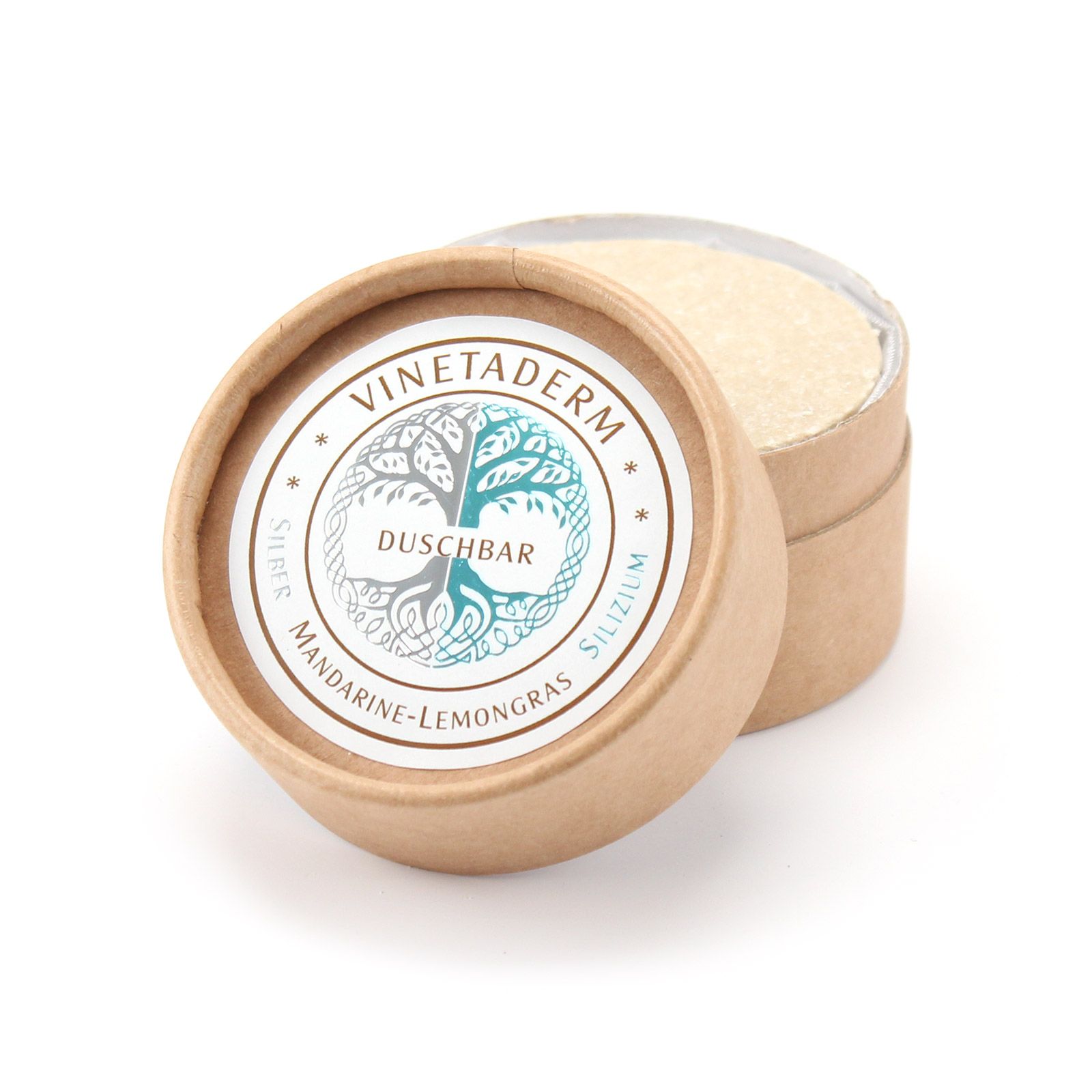Runde, braune Verpackung mit Deckel. Auf dem Deckel ein Etikett mit Schriftzug VINETADERM, Duschbar, Mandarine-Lemongrass.