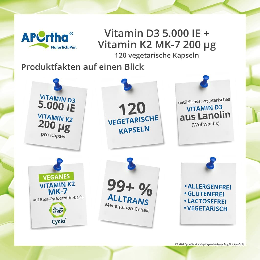 Notizen mit Produktinformationen. Vitamin D3 und K2. 120 vegetarische Kapseln. Allergenfrei, glutenfrei, laktosefrei, vegetarisch.