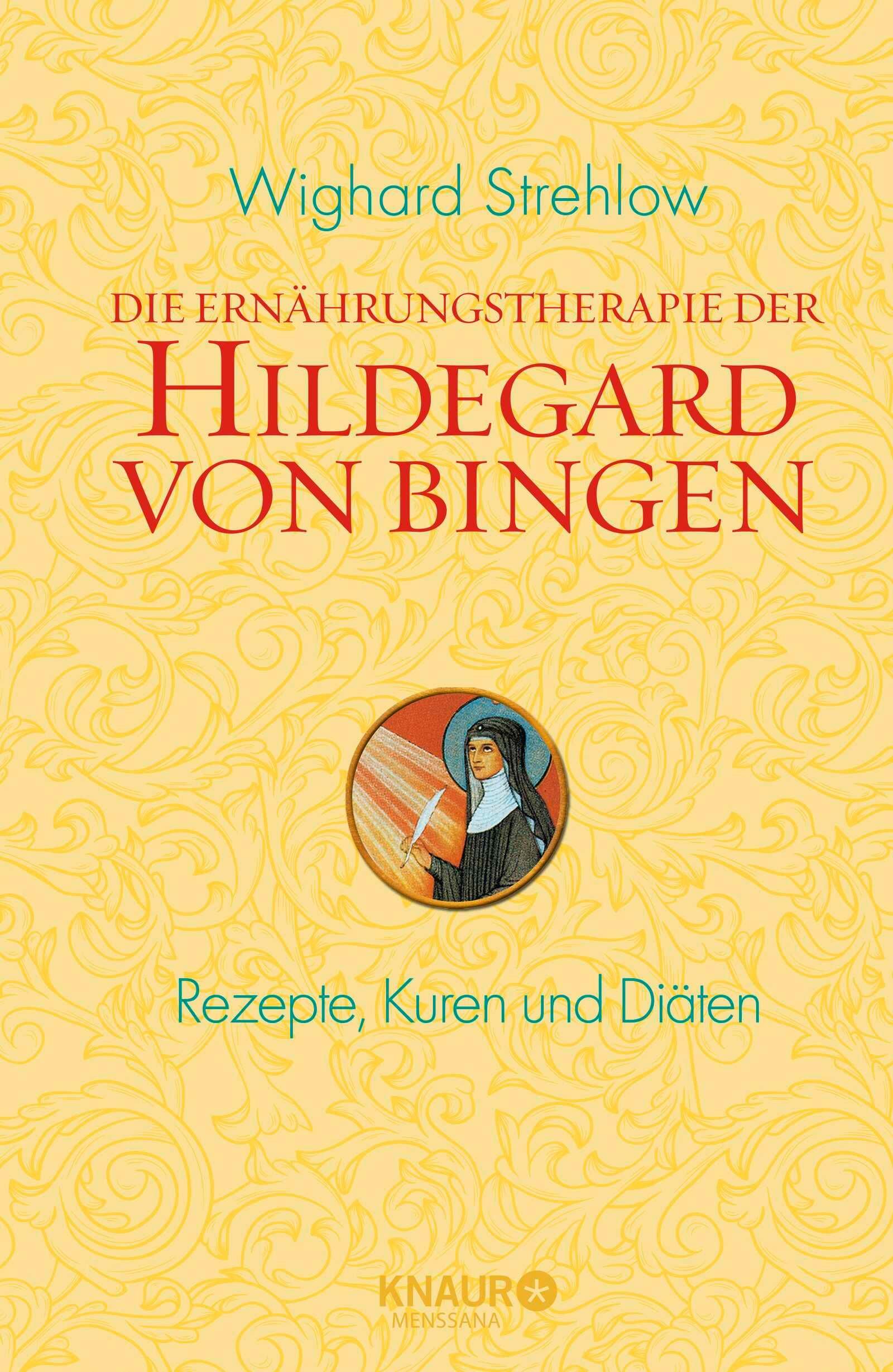 Buchcover: "Die Ernährungstherapie der Hildegard von Bingen". Autor: Wighard Strehlow. Mit Illustration und KNAUR-Logo.