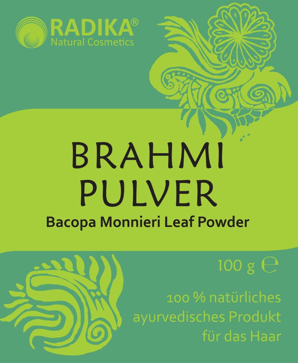 Grünes Etikett mit Text: Brahmi Pulver, Bacopa Monnieri Leaf Powder. Marke Radika. 100 g. 100% natürliches ayurvedisches Produkt für das Haar.