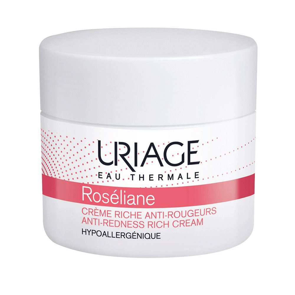 Weißer Tiegel mit rosa Streifen und URIAGE-Logo. Text: Roséliane, Crème riche anti-rougeurs. Hypoallergen.