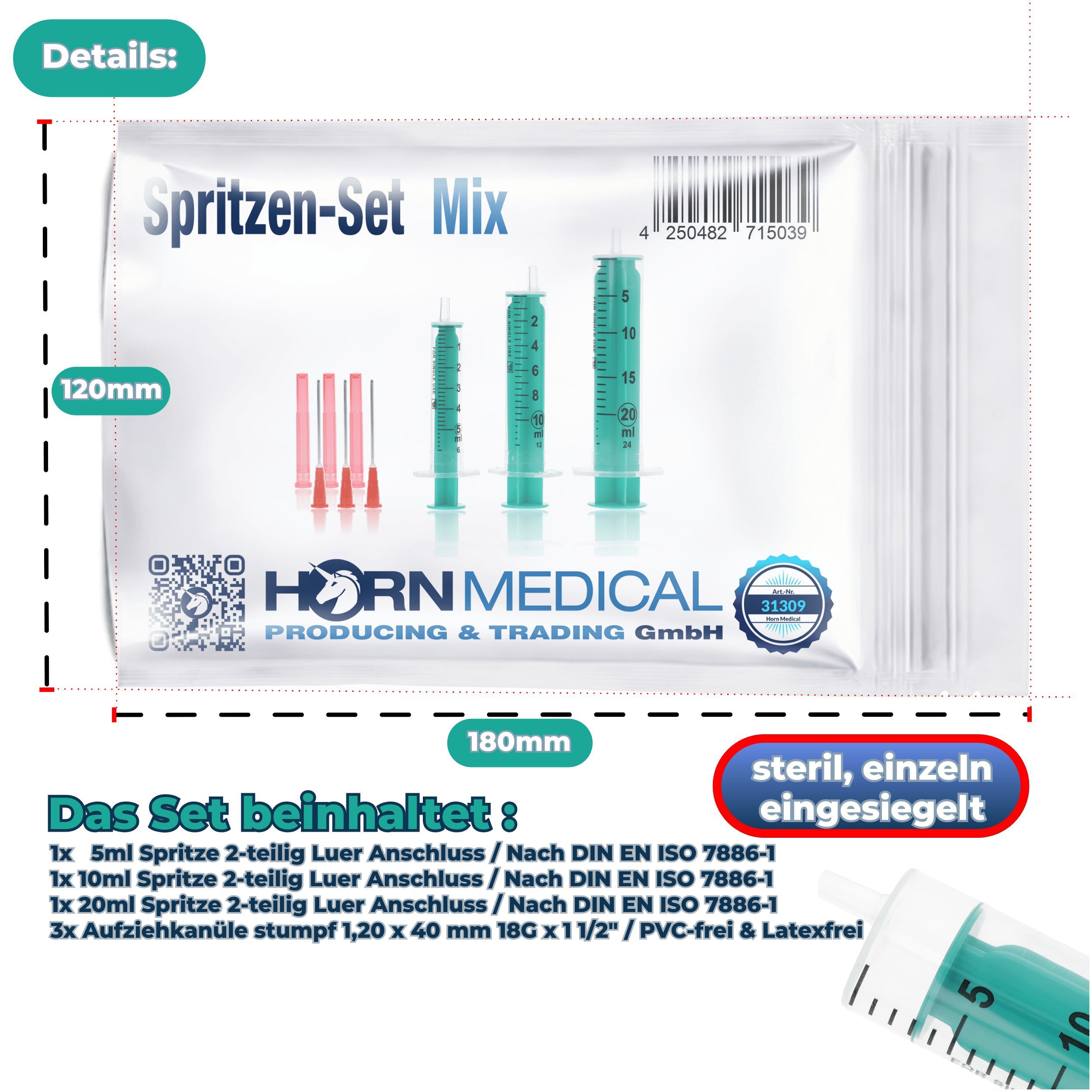 Spritzen-Set Mix, grün, mit Nadeln. Verpackung mit Größenangaben. Text: steril, einzeln eingeschweißt.