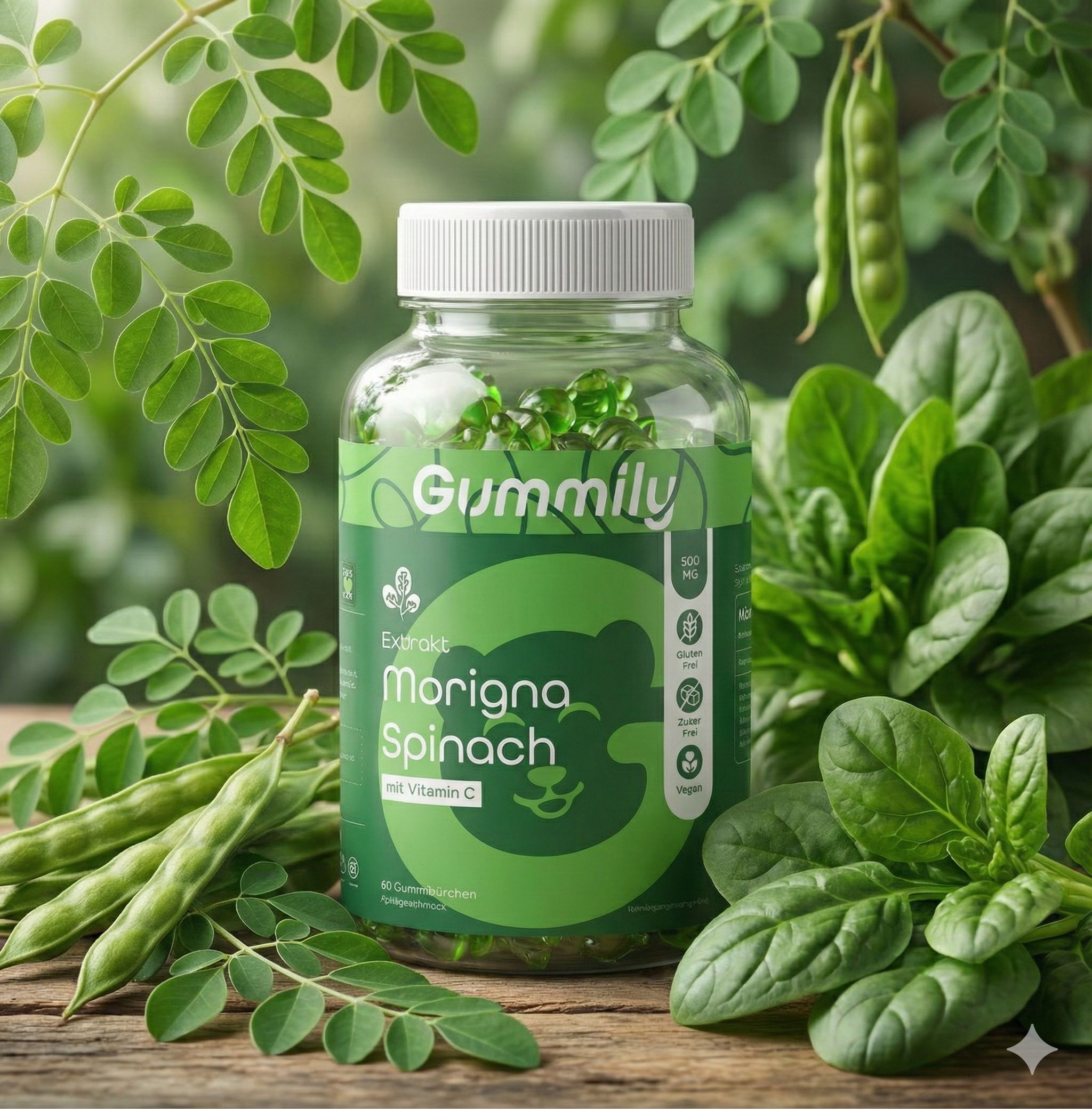 Grüne Gummibärchen in einer transparenten Flasche. Aufschrift: Gummily, Moringa Spinach. Mit Blättern und Spinat im Hintergrund.