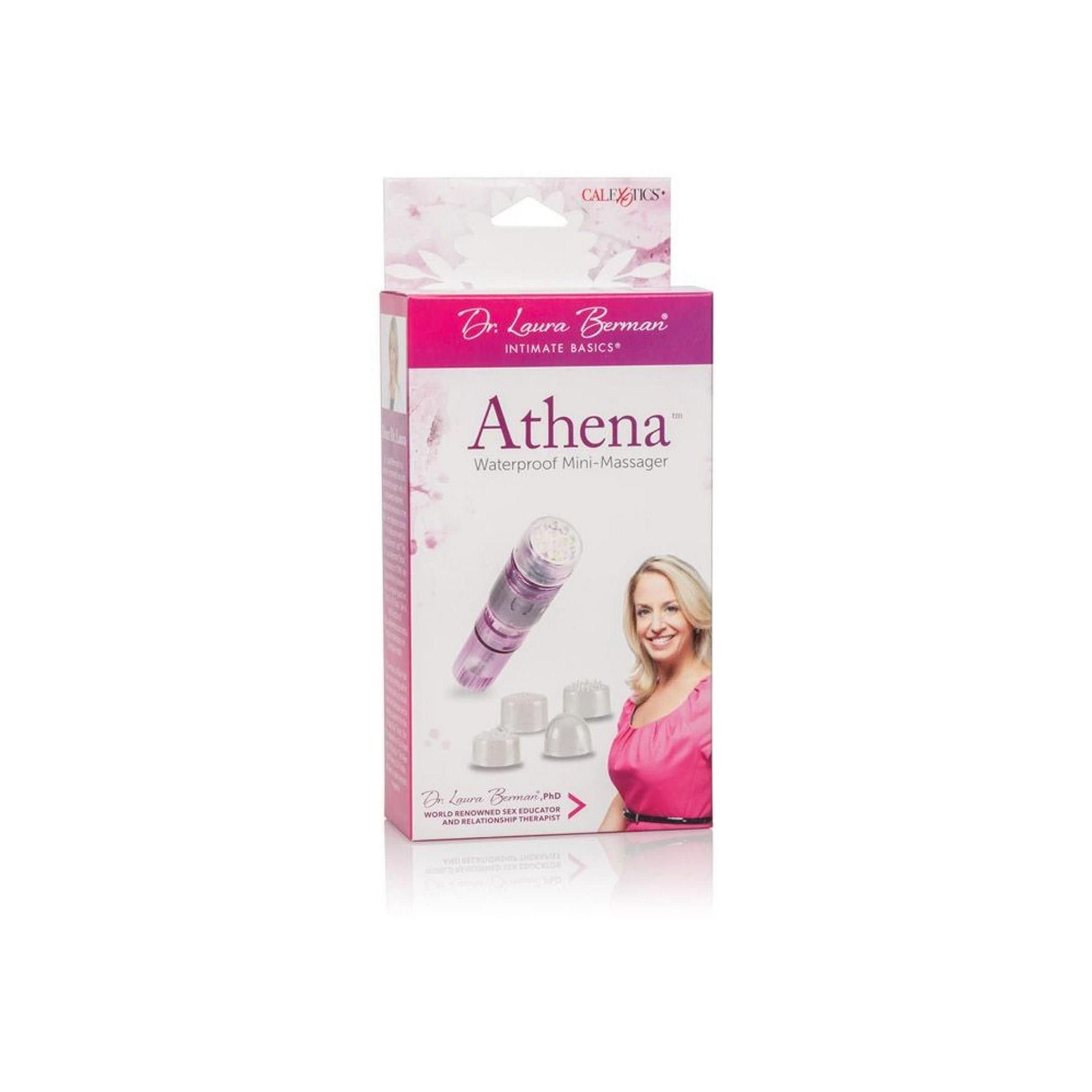 Verpackung mit Produktnamen "Athena" und "Waterproof Mini-Massager". Abgebildet sind Mini-Massager und Aufsätze. Marke: CalExotics.