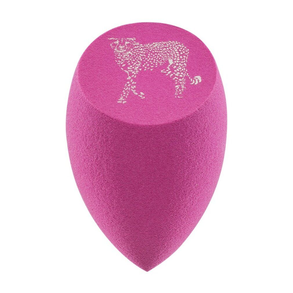 Ein pinkfarbener Make-up-Schwamm in Eiform. Oben ist ein Geparden-Umriss abgebildet.