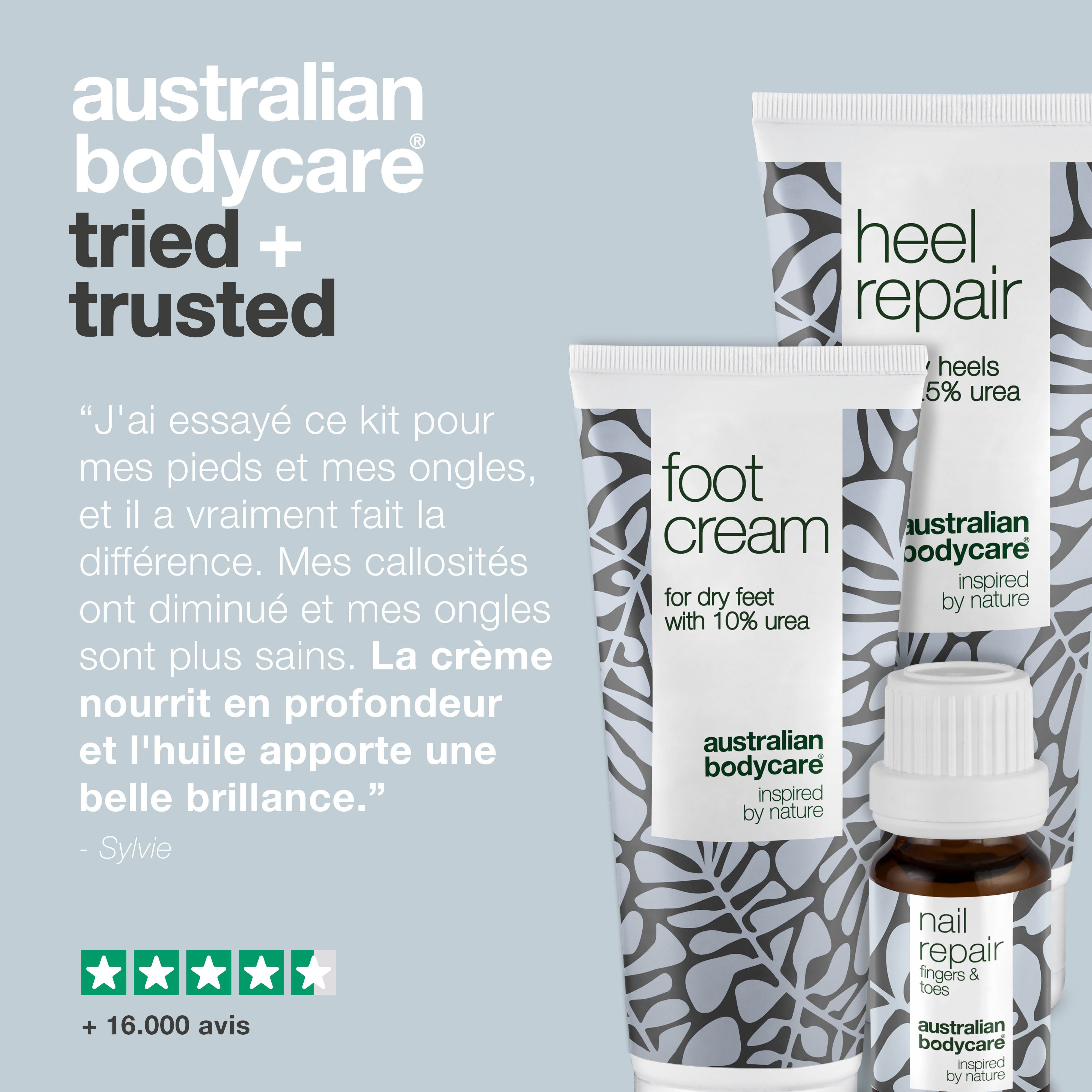 Trois produits : Heel Repair, Foot Cream, Nail Repair. Inscription : Australian Bodycare. Texte : Tried + Trusted.
