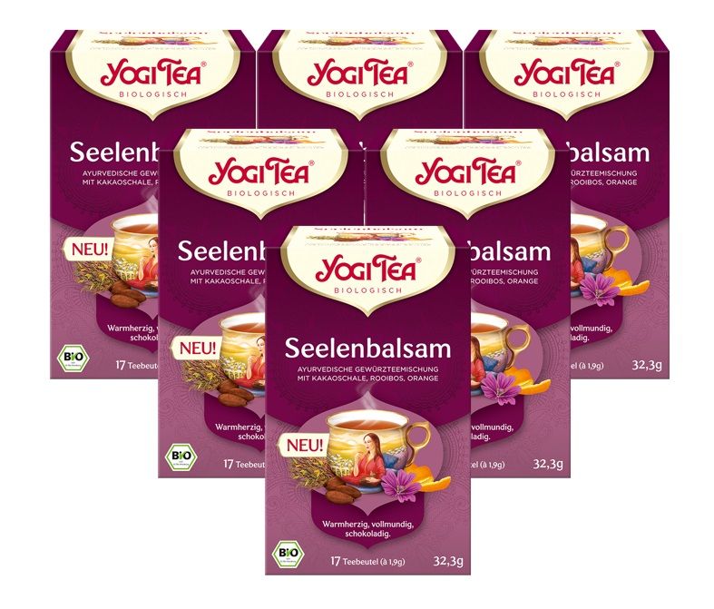 Mehrere Packungen Yogi Tea Seelenbalsam. Lila Verpackung mit Logo und Produktbezeichnung. Bio-Siegel.