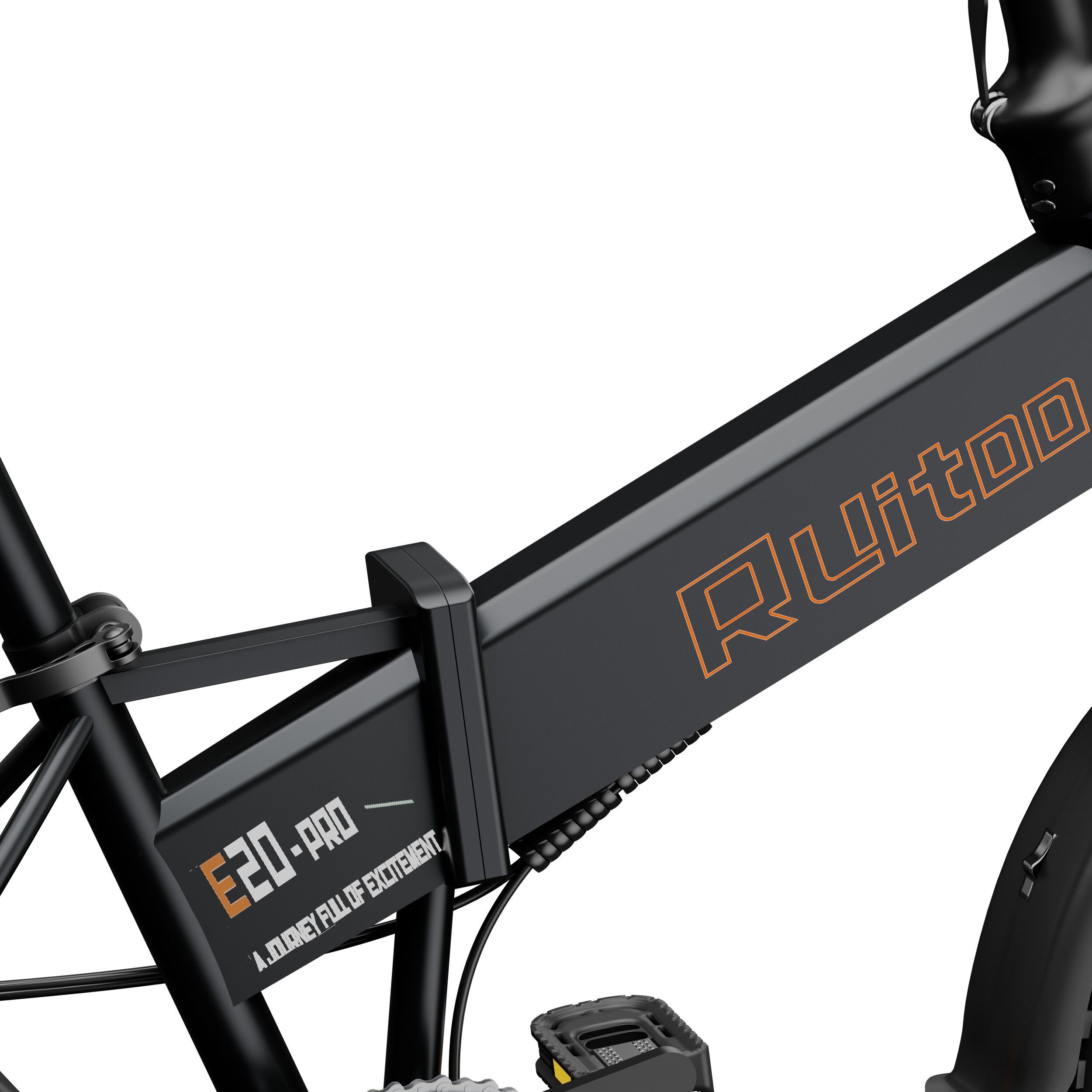 Schwarzes faltbares E-Bike. Orangefarbene Schrift: Ruitoo, E20-PRO. Text: Eine Reise voller Aufregung.