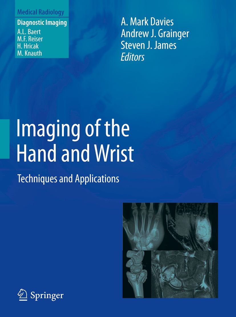 Buchcover: "Imaging of the Hand and Wrist". Titel, Autoren, Herausgeber und Springer-Logo sind sichtbar. Röntgenbilder der Hand.