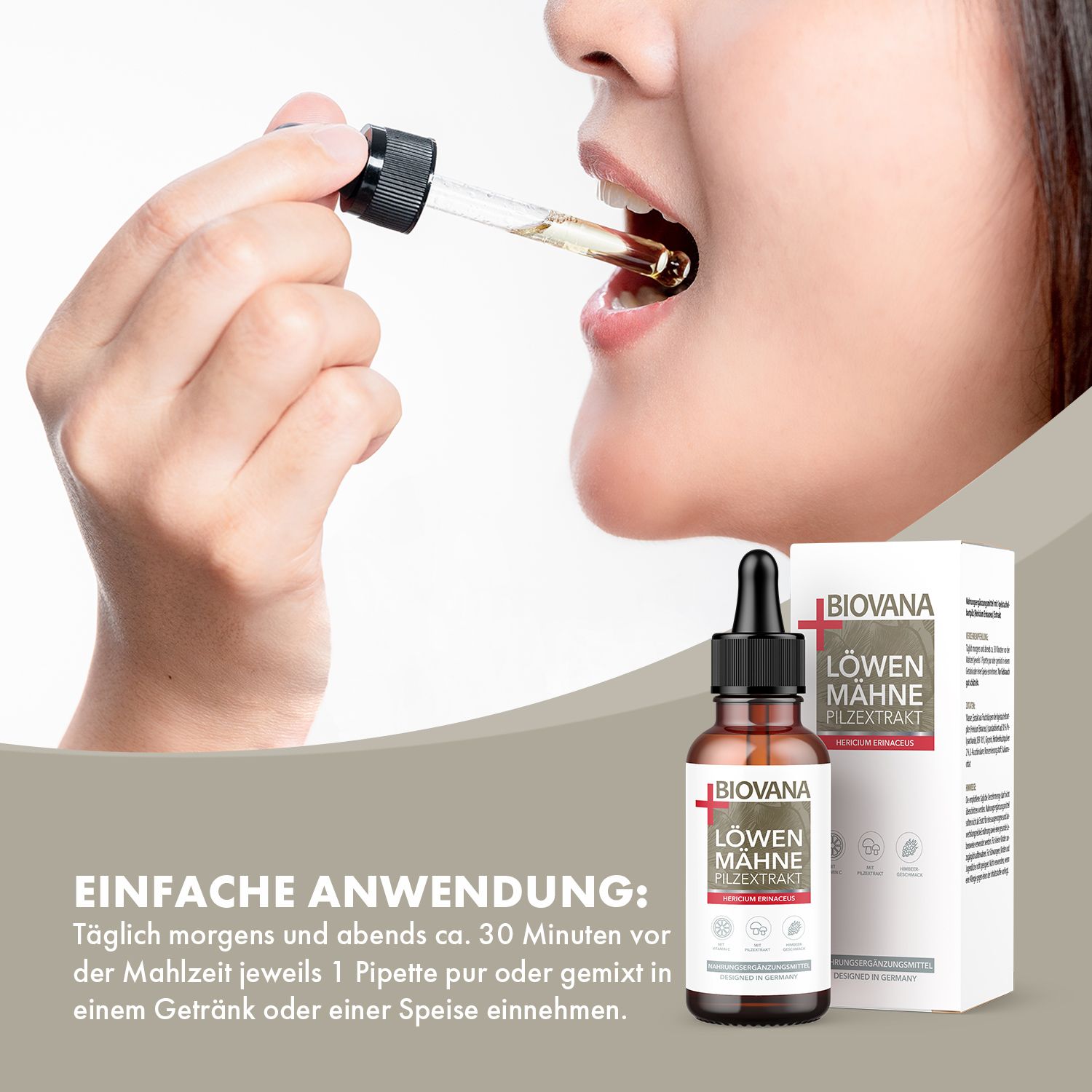 Person nimmt Tropfen aus einer Pipette in den Mund. Daneben Flasche und Verpackung. Aufschrift: BIIVANA Löwenmähne Pilzextrakt.