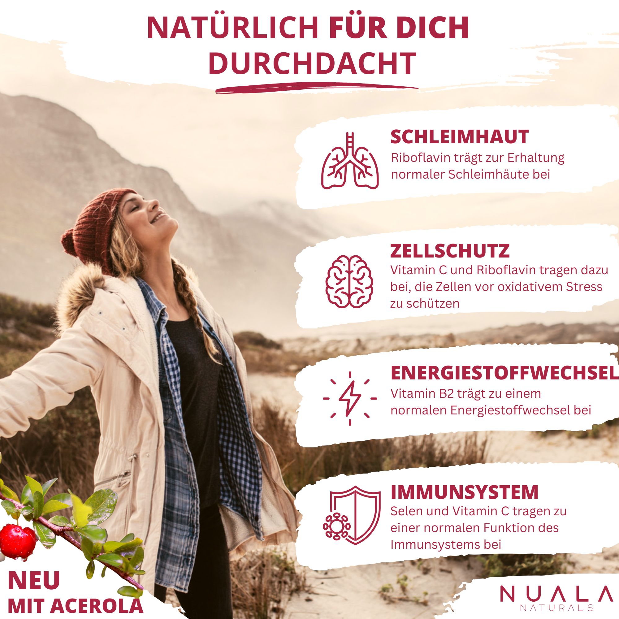 Infografik mit Informationen. Zeigt eine Frau im Freien und Text über Schleimhaut, Zellschutz, Energiestoffwechsel und Immunsystem.
