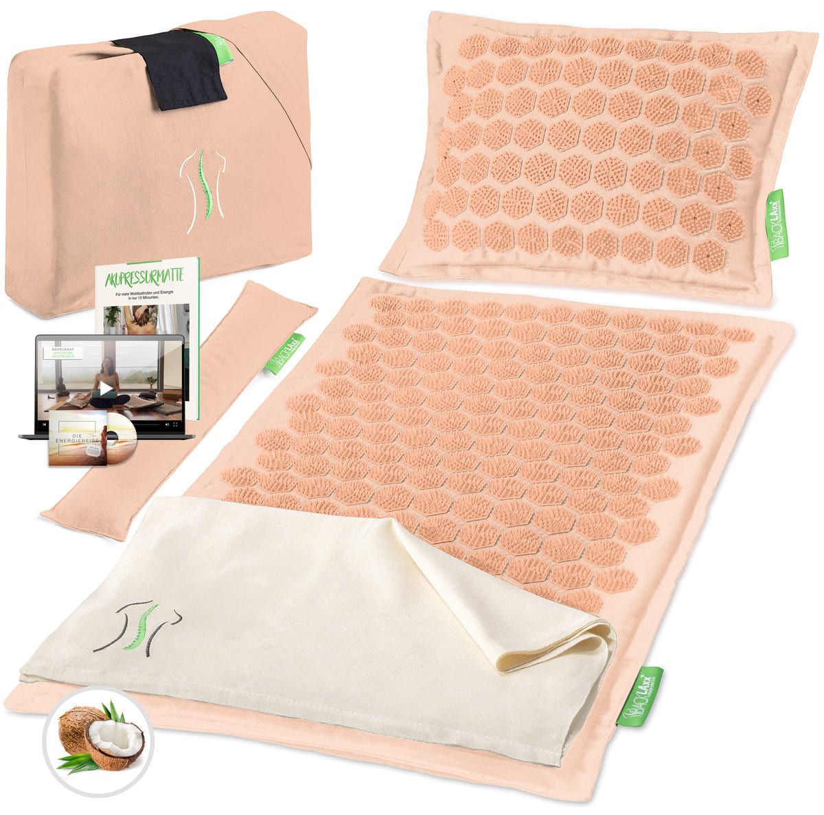 Akupressurmatte, Kissen, Tasche, Zubehör. Text: Akupressurmatte. Kokosfaser. DVD. Laptop. Baumwolltuch. Naturkautschuk.