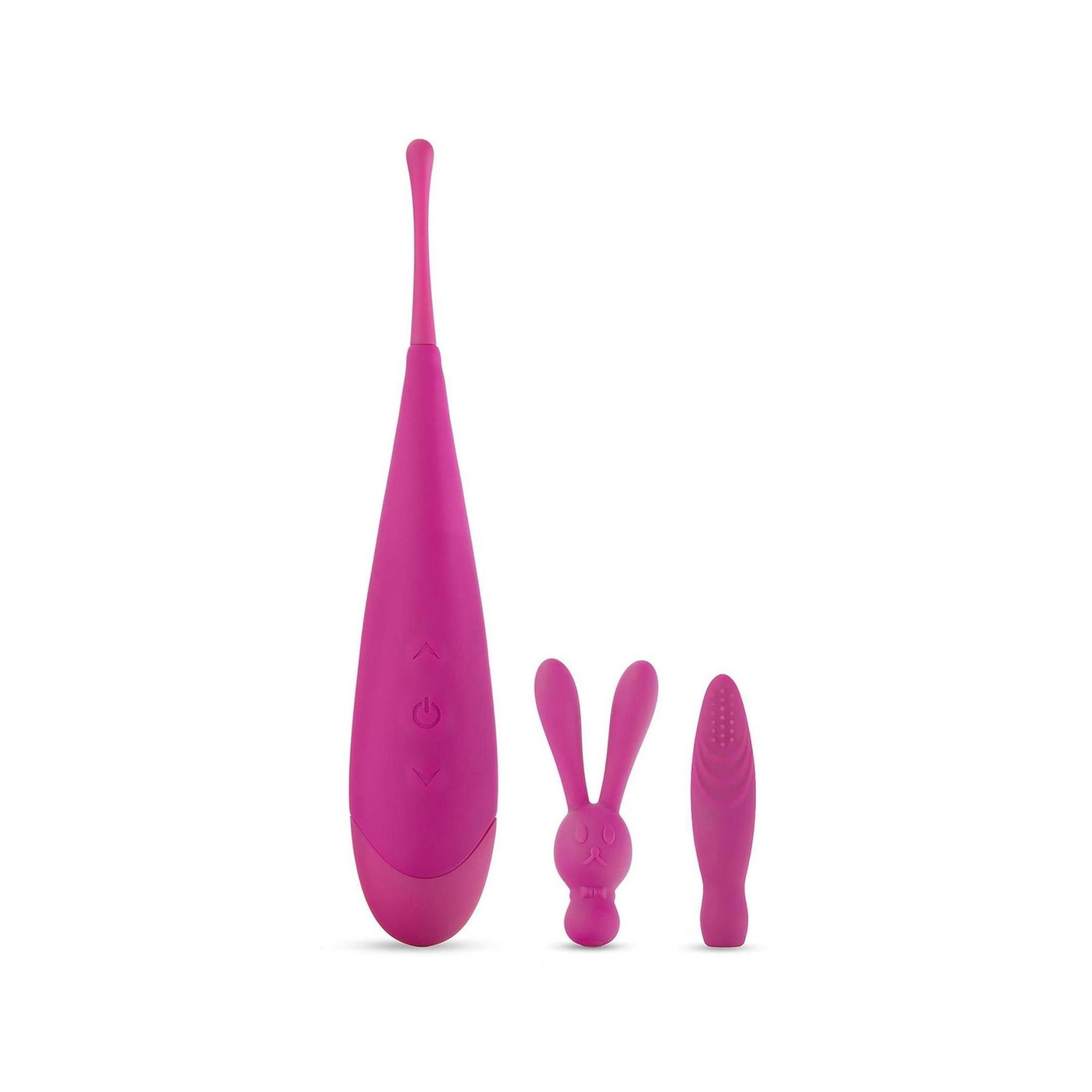 Rosa Vibrator mit drei Aufsätzen: Tropfenform, Hase und länglicher Aufsatz. Auf weißem Hintergrund.