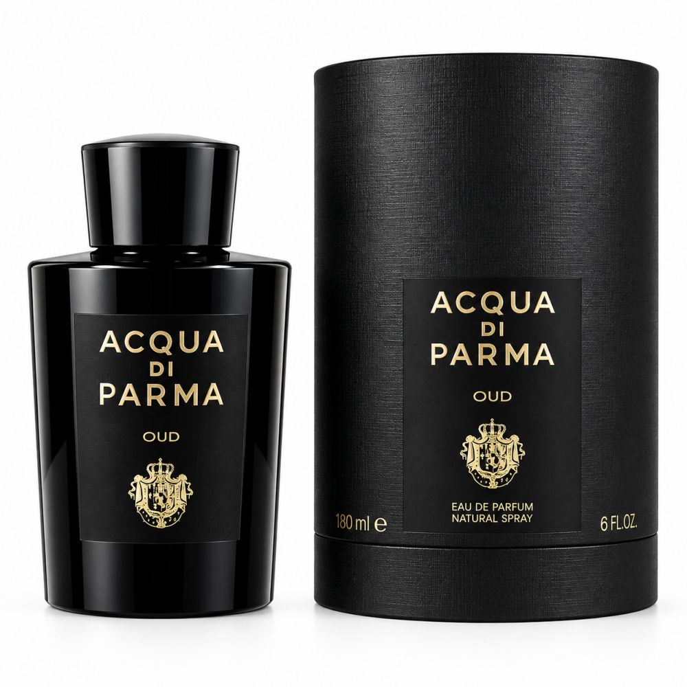 Acqua di Parma Oud Eau de Parfum Spray in schwarzer Flasche und passendem zylindrischem Karton.