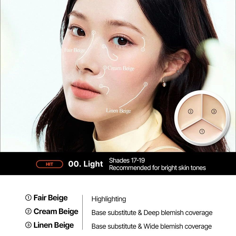 Frau mit eingezeichneten Bereichen für Concealer-Anwendung. Produkt: 00. Light, Farbtöne 17-19. Empfohlen für helle Hauttöne. Drei Farbtöne.