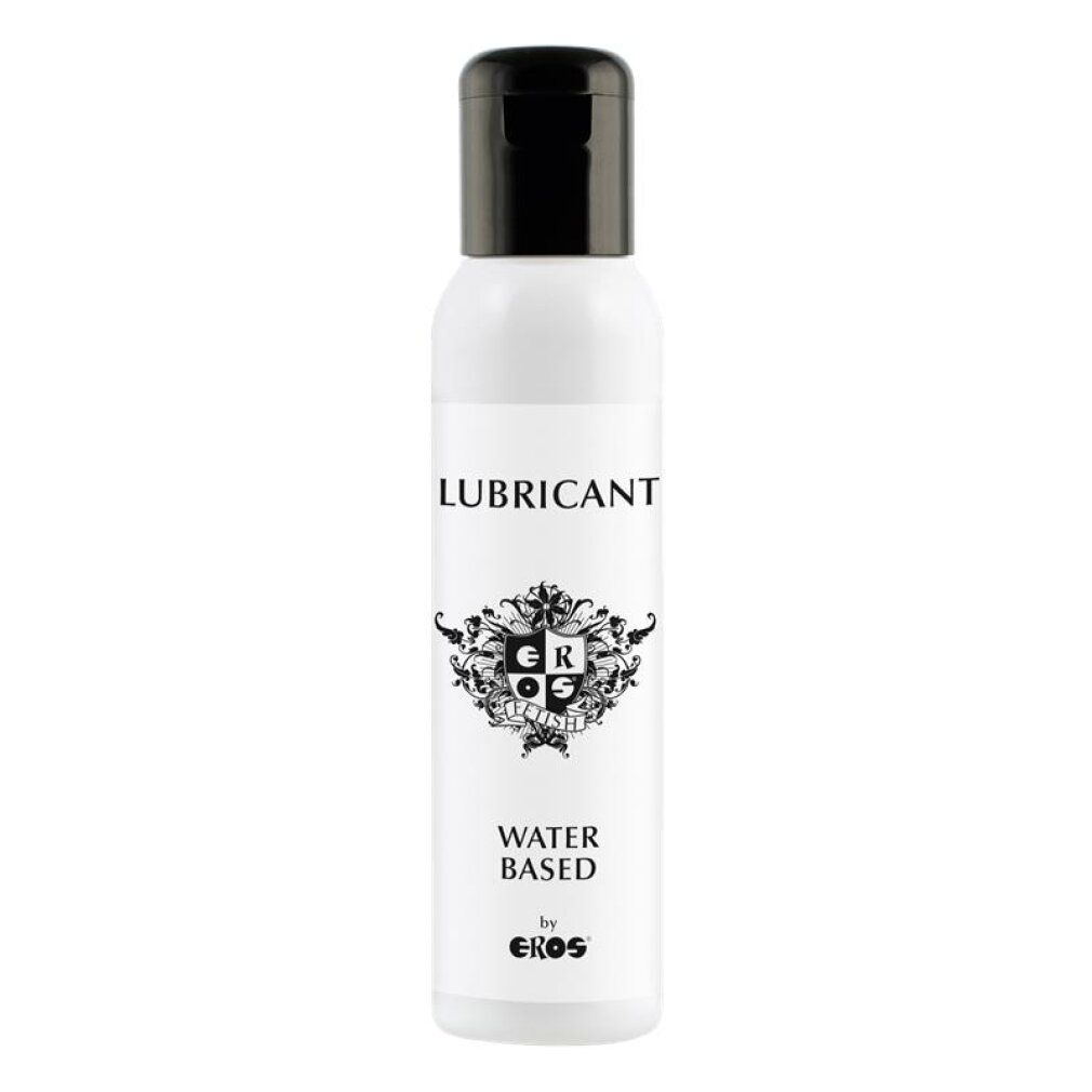 Weiße Flasche mit schwarzem Verschluss, "LUBRICANT WATER BASED by EROS" Aufschrift.