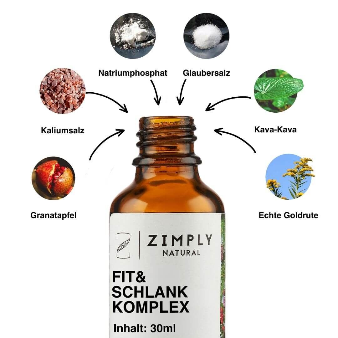 Braune Flasche mit Zutaten: Natriumphosphat, Glaubersalz, Kaliumsalz, Granatapfel, Kava-Kava, Echte Goldrute. Aufschrift: ZIMPLY NATURAL FIT & SCHLANK KOMPLEX.