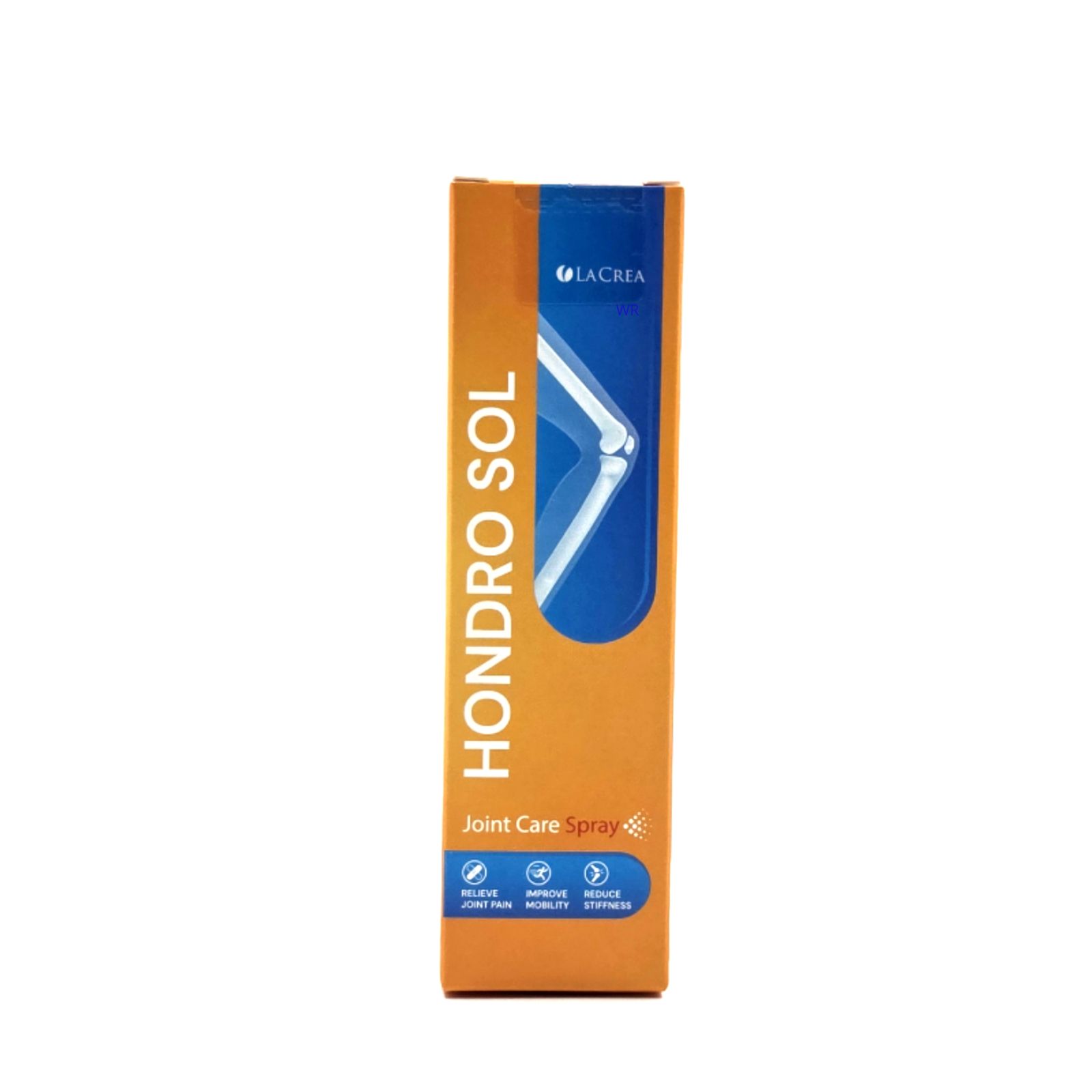 Verpackung mit Produktnamen und Logo. Orange-braune Schachtel mit weißem Text und Illustration eines Knies. "Joint Care Spray".