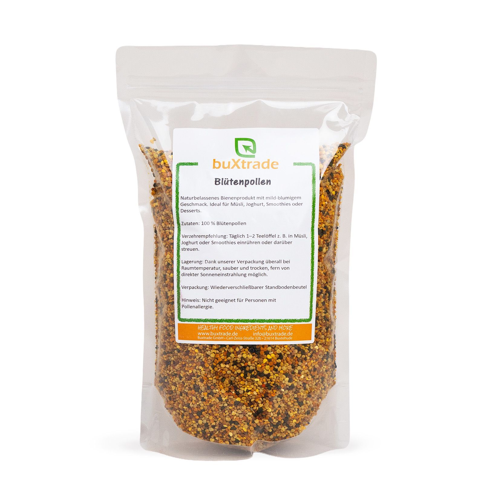Transparente Verpackung mit Bltenpollen. Etikett mit Produktinformationen und Logo.