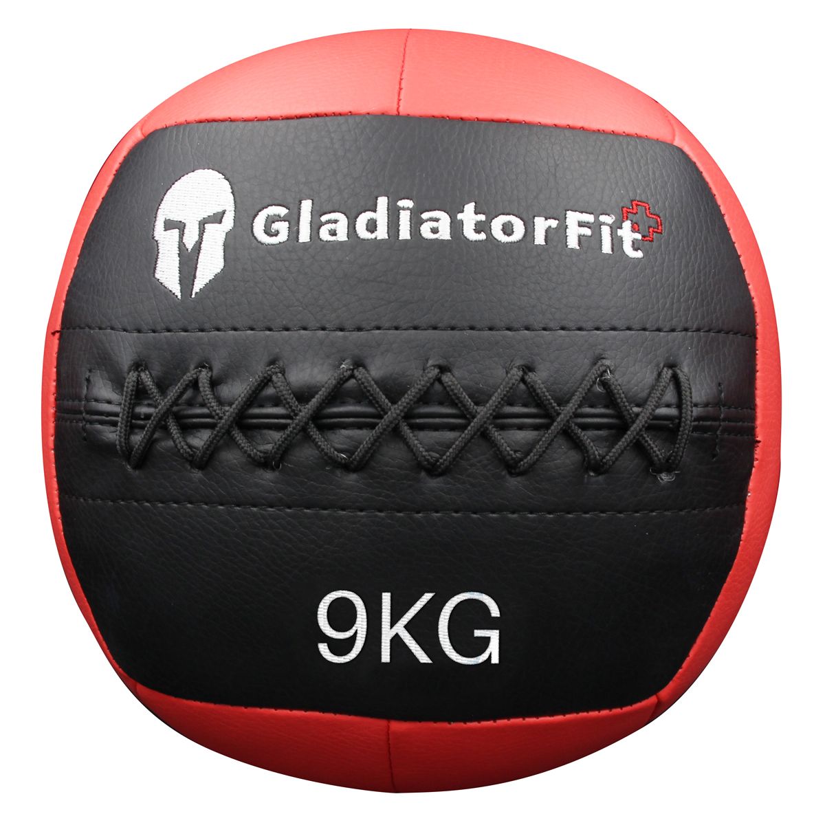 Roter und schwarzer Wall Ball aus Kunstleder. Aufschrift "GladiatorFit" und "9KG".