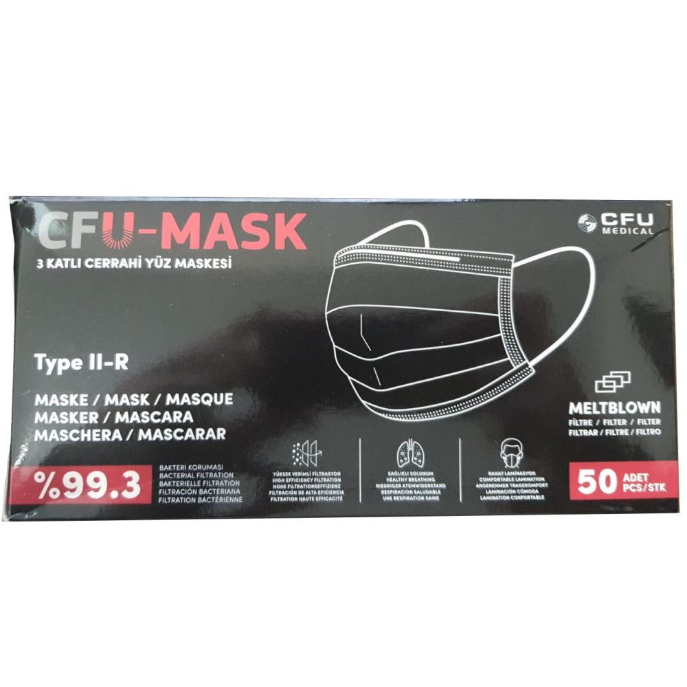 Verpackung mit schwarzen Einwegmasken. Text: CFU-MASK, Type II-R, %99.3, 50 Stück.