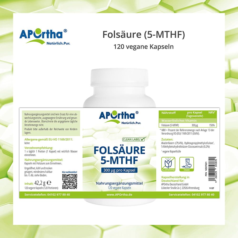 Weiße Flasche APOrtha® Folsäure 5-MTHF. Text: 300 µg pro Kapsel, Nahrungsergänzungsmittel, 120 vegane Kapseln. Etikett mit Nährwertangaben und Herstellerinformationen.