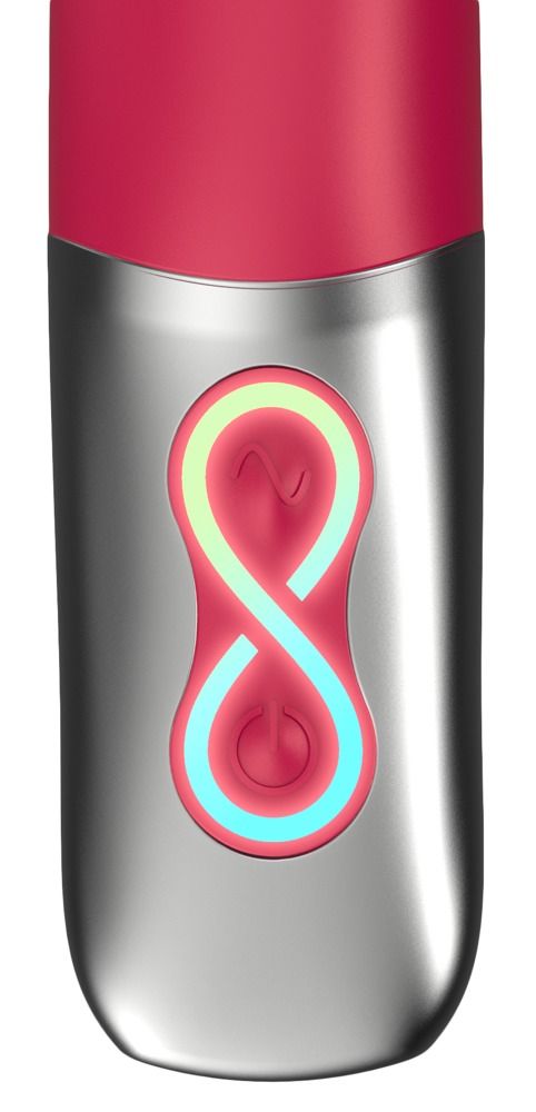 Nahaufnahme des Endes eines Vibrators. Silberfarbenes Gehäuse mit beleuchtetem Unendlichkeitszeichen und Knöpfen.