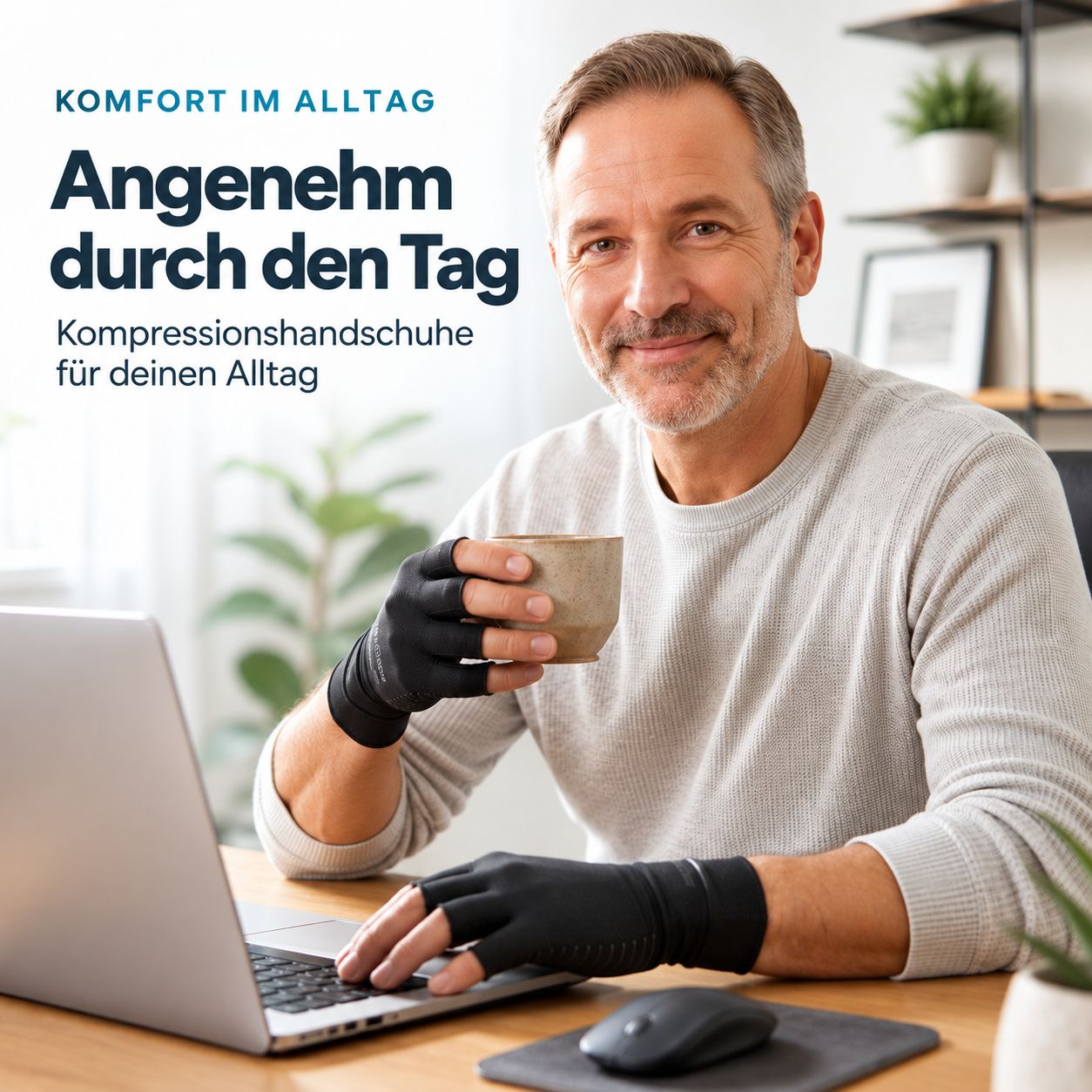 Mann mit Kompressionshandschuhen am Laptop, hält eine Tasse. Lächelt in die Kamera. Kompression für den Alltag.