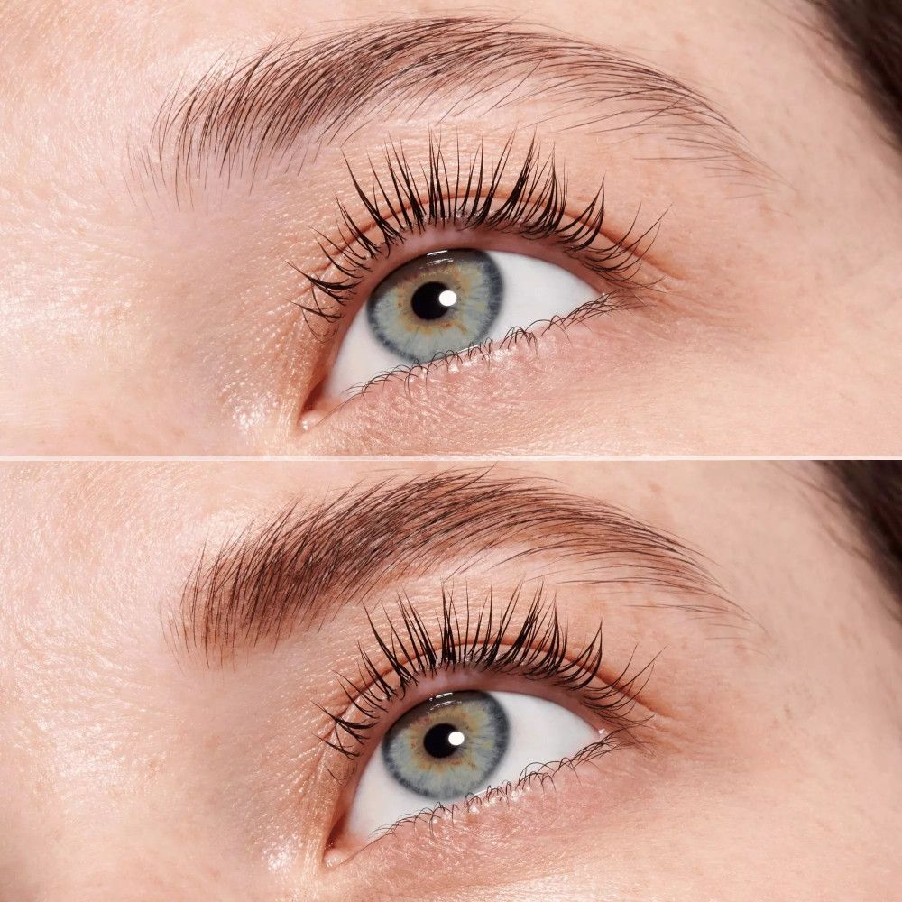 Vorher-Nachher-Vergleich von Wimpern und Augenbrauen. Oben: Natürliche Wimpern und Augenbrauen. Unten: Wimpern und Augenbrauen nach Anwendung.