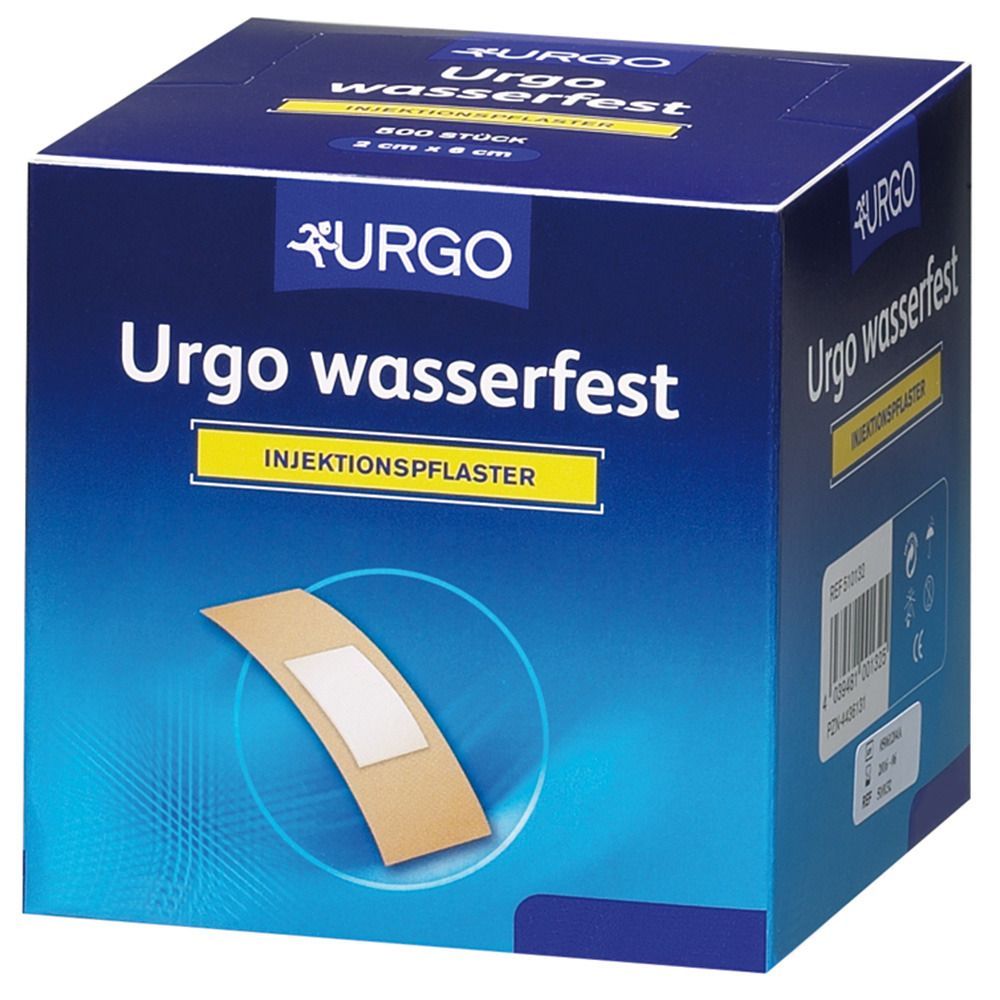 Blau-weiße Verpackung von Urgo wasserfest Injektionspflaster. Aufdruck: Urgo, Injektionspflaster, 800 Stück, 2 cm x 6 cm. Gezeigt wird ein Pflaster.