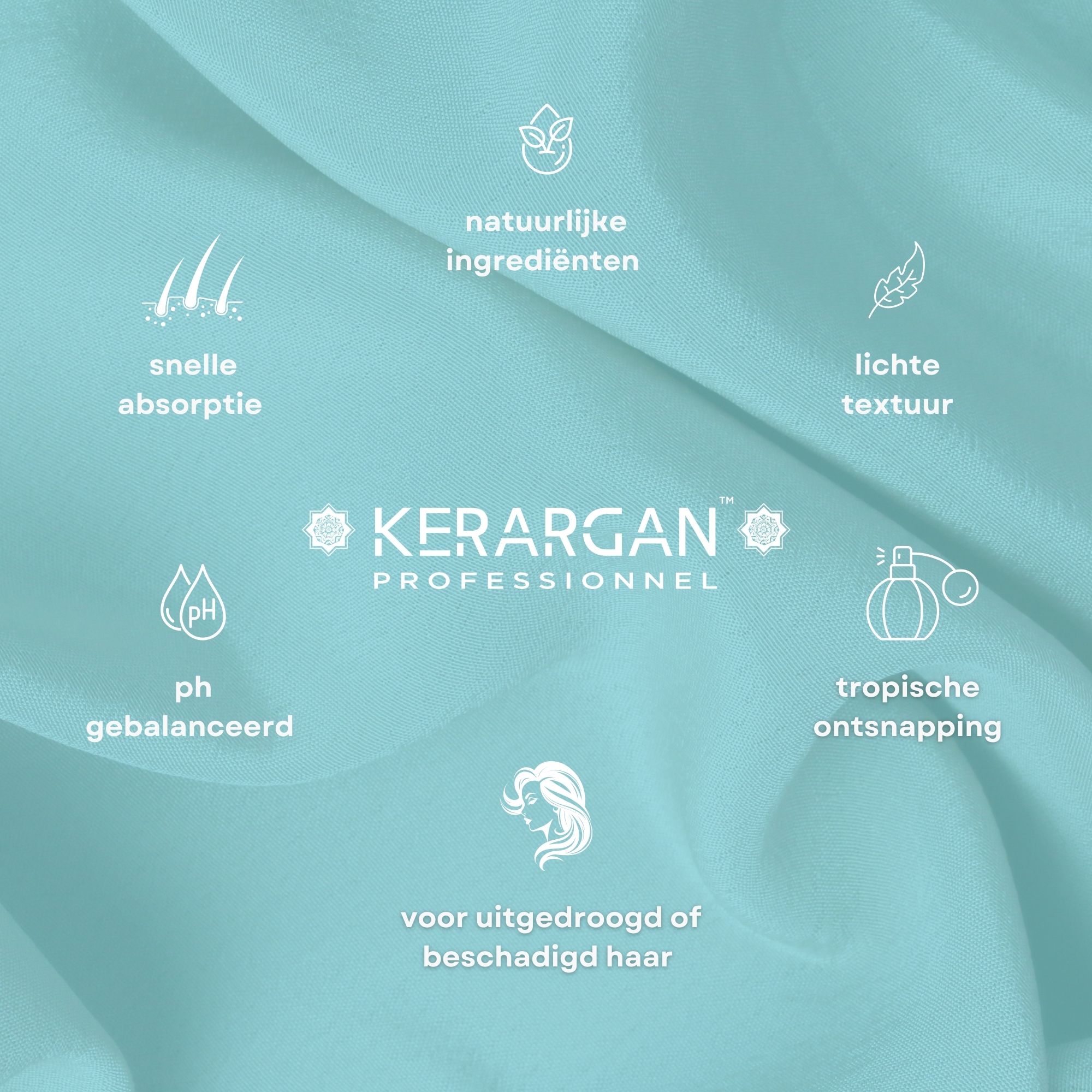 Tekst: Kerargan, natuurlijke ingrediënten, snelle absorptie, lichte textuur, pH-gebalanceerd, tropische ontsnapping. Voor uitgedroogd haar.