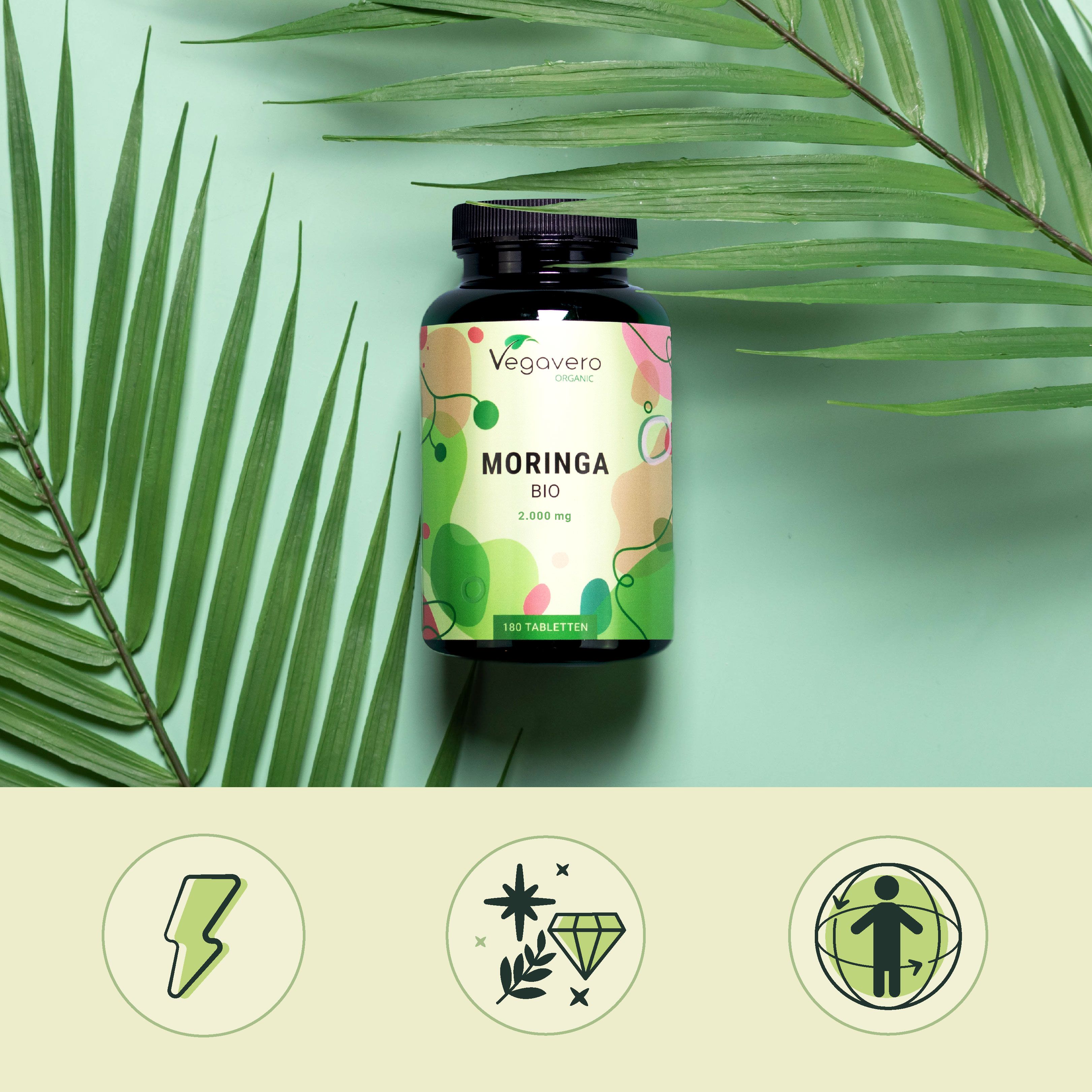 Flacone verde con Moringa BIO. Testo: 180 compresse. Simboli: fulmine, diamante, globo.