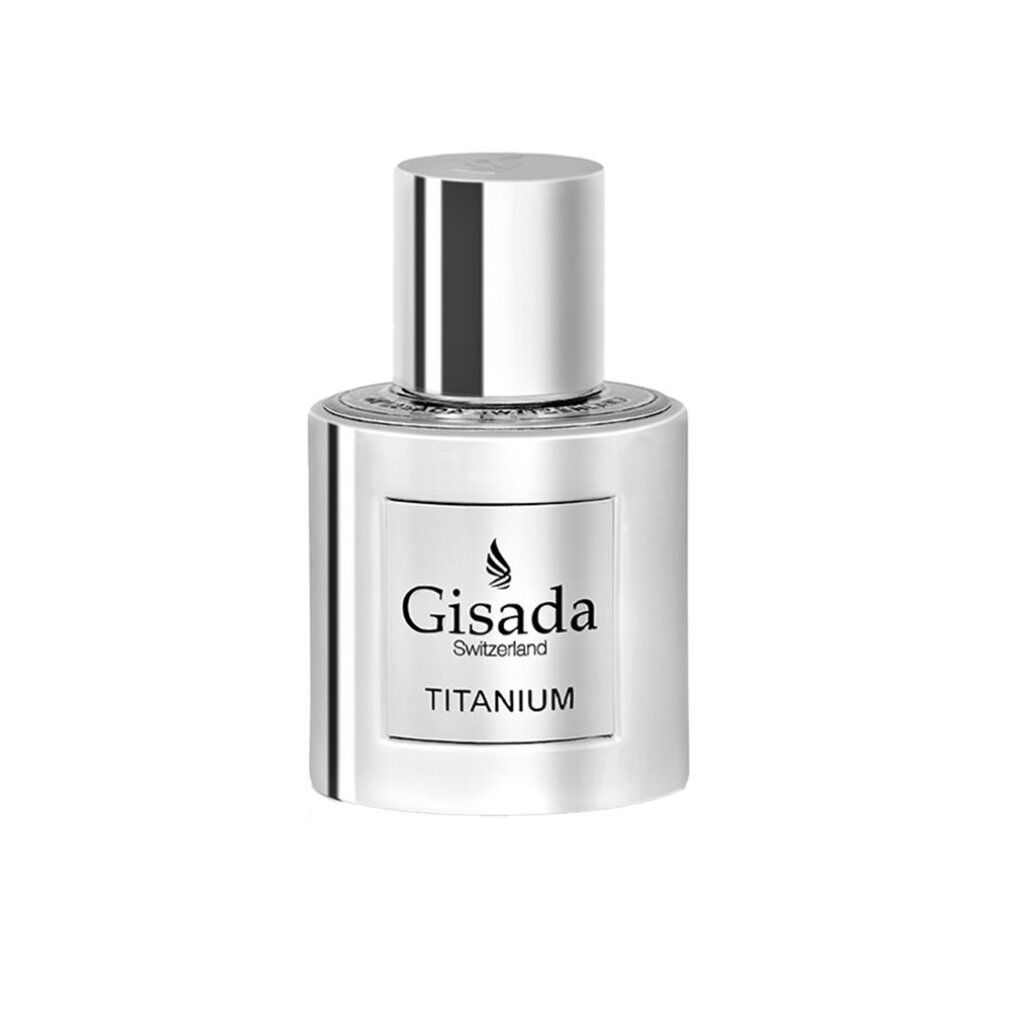 Silberfarbener Flakon mit silbernem Verschluss. Auf dem Etikett steht "Gisada Switzerland Titanium".