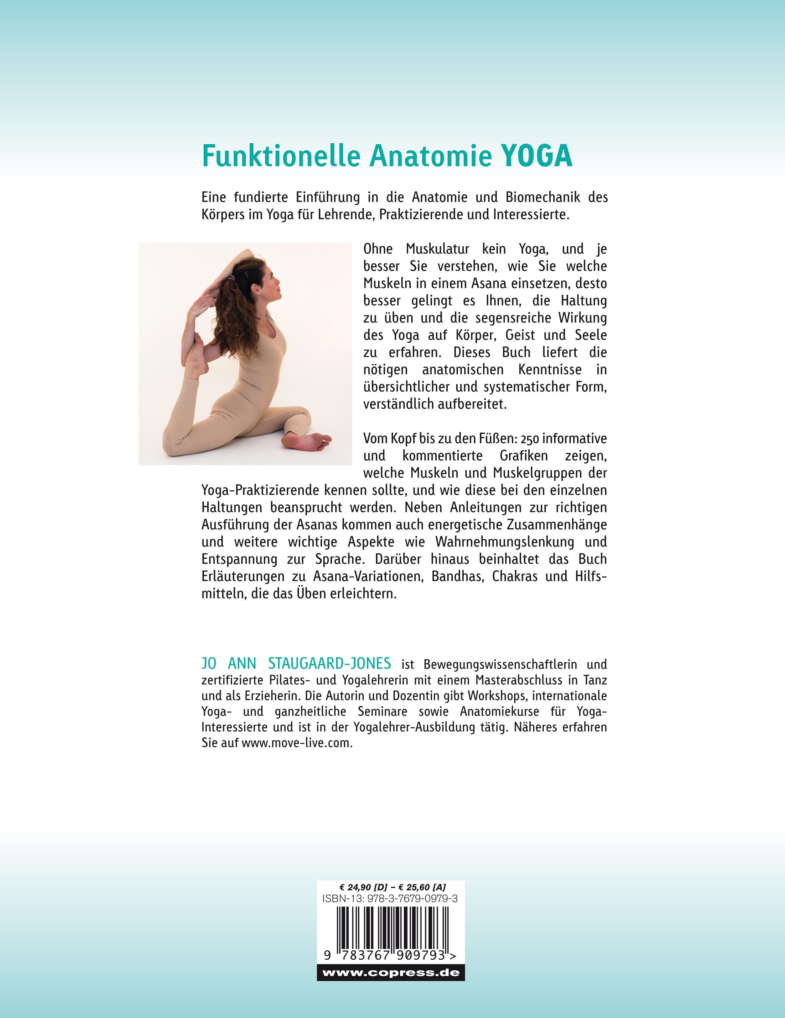 Buch "Funktionelle Anatomie Yoga". Titel, Autorin, Cover-Design mit Yoga-Pose und Text. Verlag: Copress.